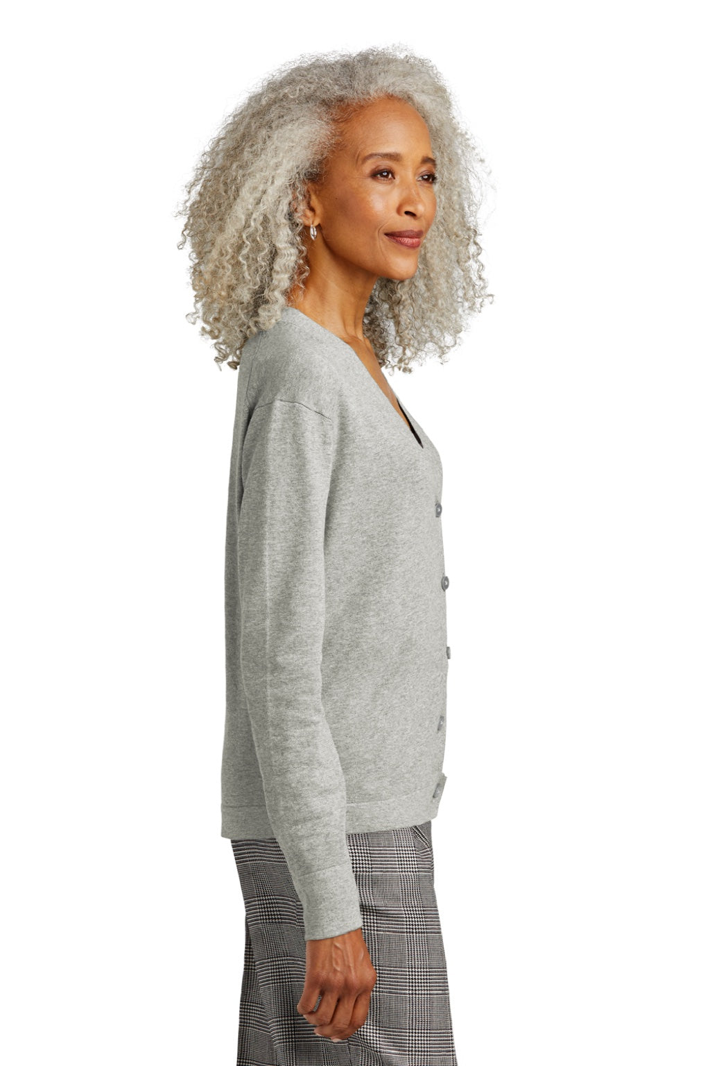 Brooks Brothers Womens Long Sleeve Cardigan Sweater Heather Light Shadow Grey Model Side