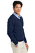 Brooks Brothers BB18410 Mens Merino Long Sleeve V-Neck Sweater Navy Blue Blazer Model Side