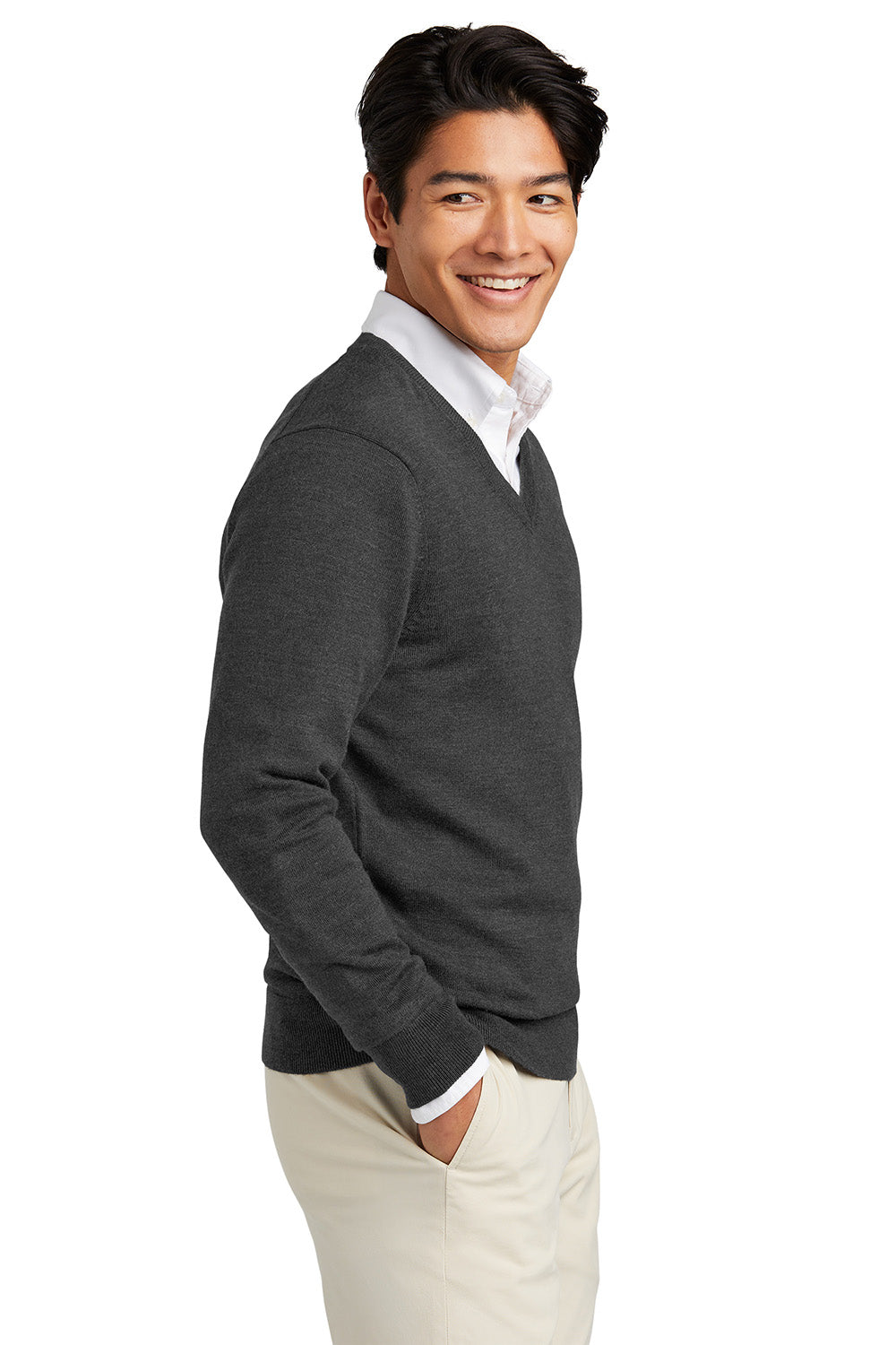 Brooks Brothers BB18410 Mens Merino Long Sleeve V-Neck Sweater Heather Windsor Grey Model Side
