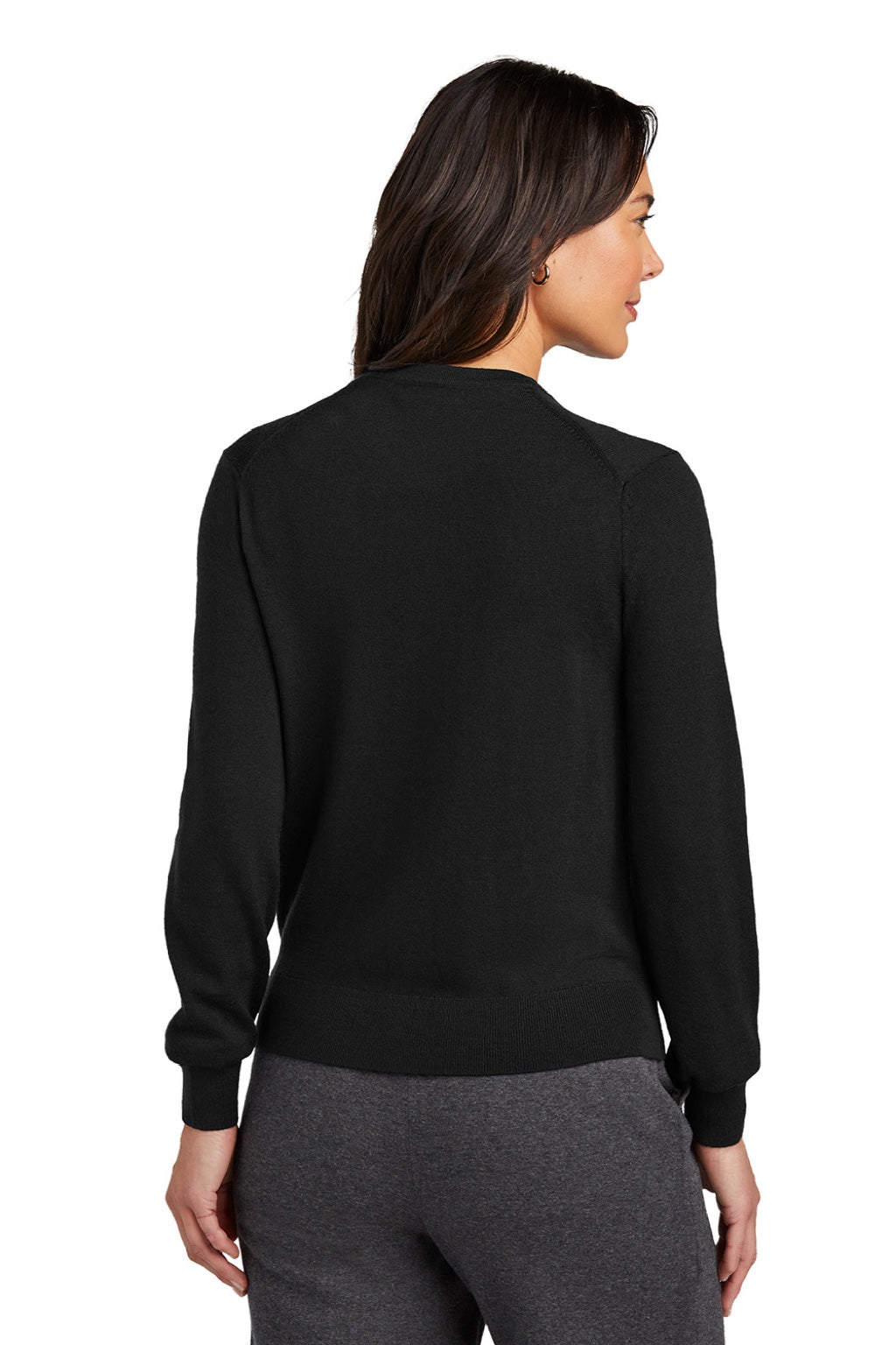 Brooks Brothers BB18413 Womens Merino Long Sleeve Button Front Cardigan Sweater Deep Black Model Back