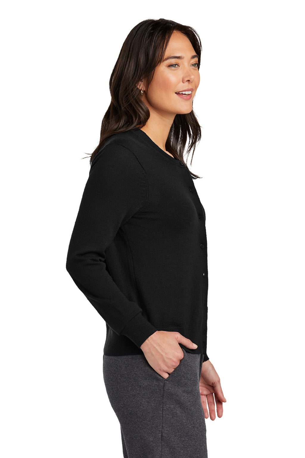 Brooks Brothers BB18413 Womens Merino Long Sleeve Button Front Cardigan Sweater Deep Black Model Side