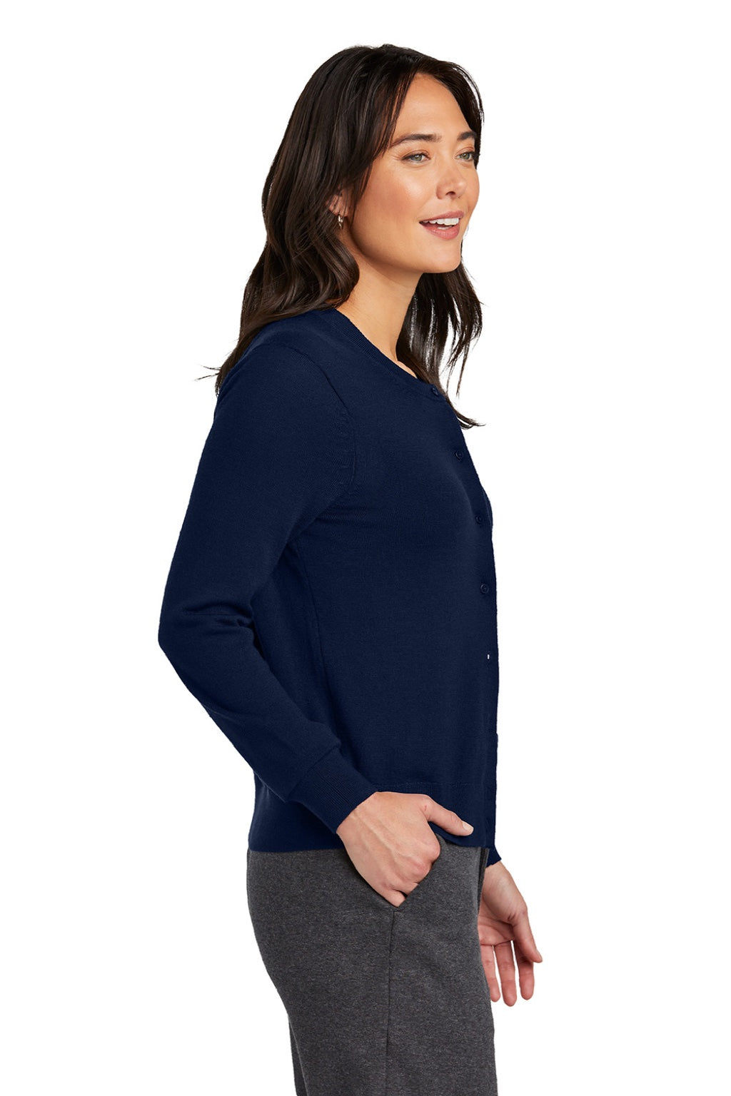 Brooks Brothers BB18413 Womens Merino Long Sleeve Button Front Cardigan Sweater Navy Blue Blazer Model Side