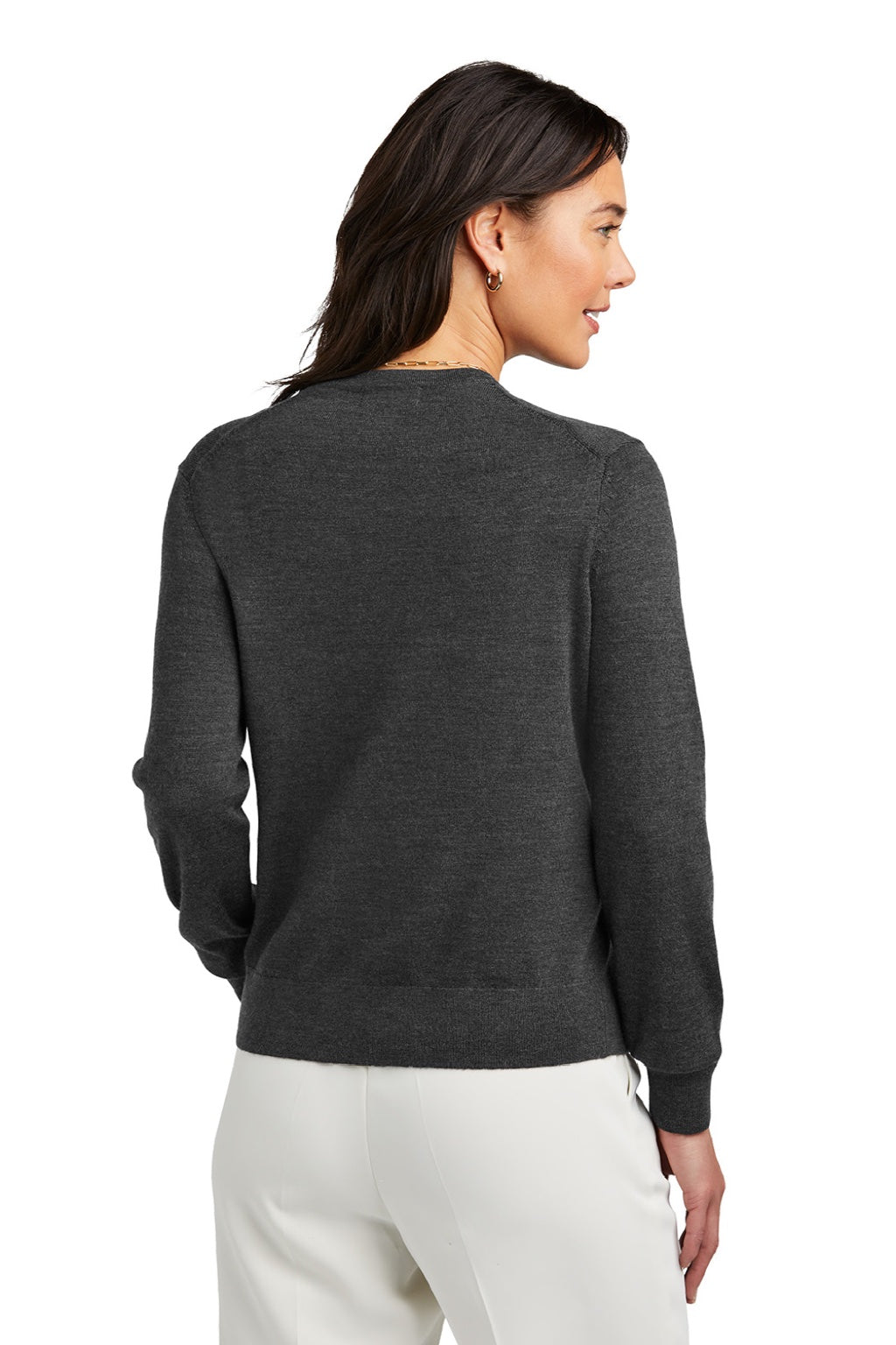 Brooks Brothers BB18413 Womens Merino Long Sleeve Button Front Cardigan Sweater Heather Windsor Grey Model Back