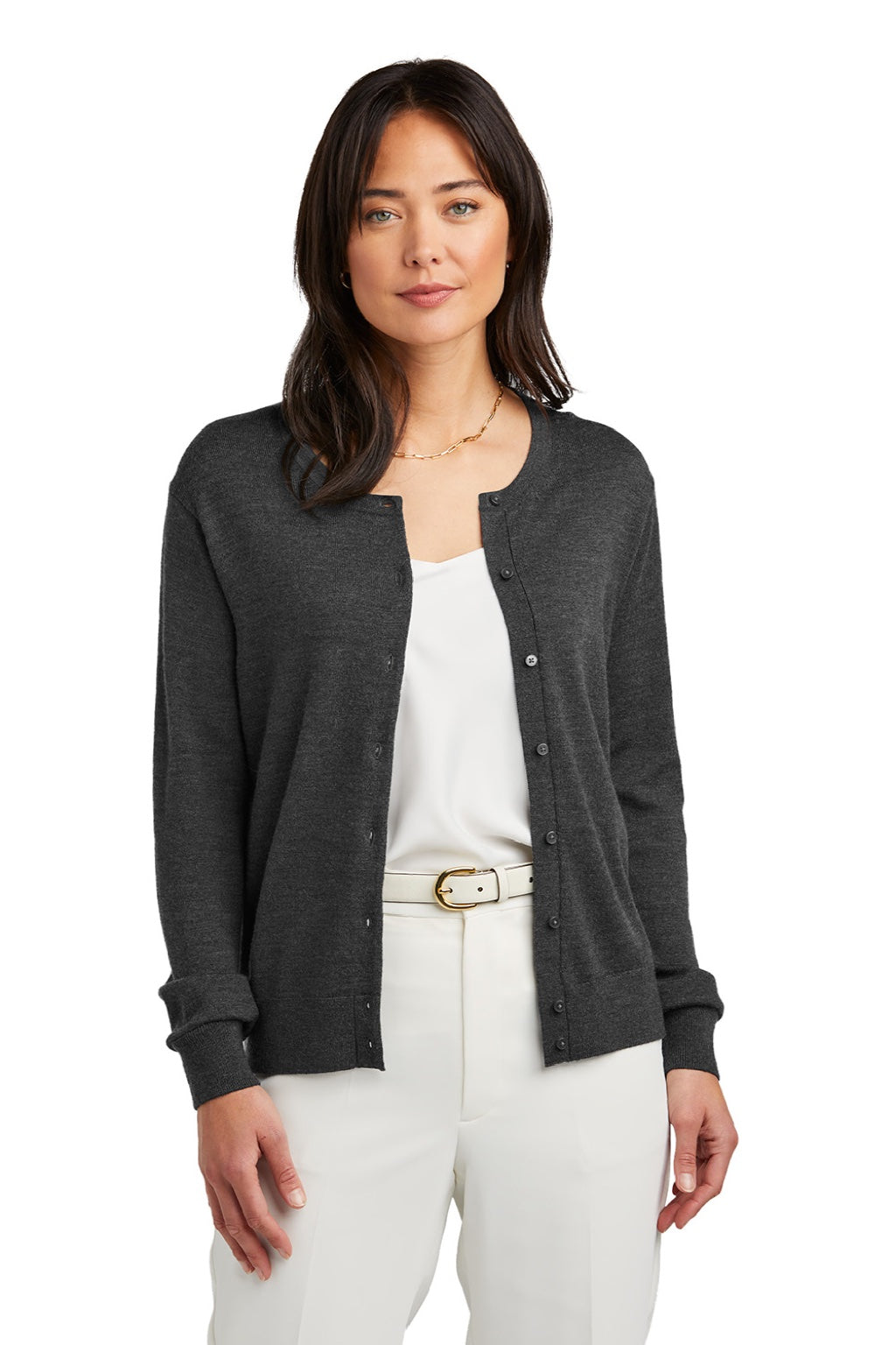 Brooks Brothers BB18413 Womens Merino Long Sleeve Button Front Cardigan Sweater Heather Windsor Grey Model Front