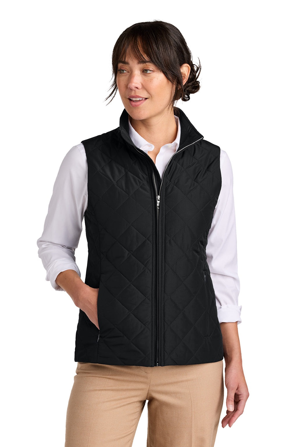 Brooks Brothers BB18603 Womens Quilted Full Zip Vest Deep Black Model Front