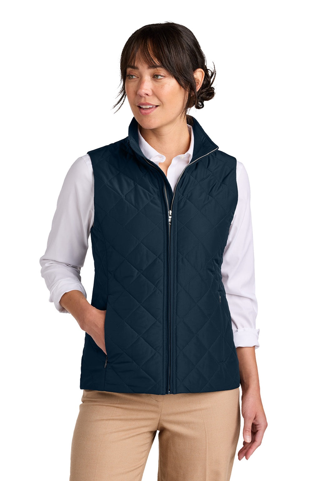 Brooks Brothers BB18603 Womens Quilted Full Zip Vest Night Navy Blue Model Front