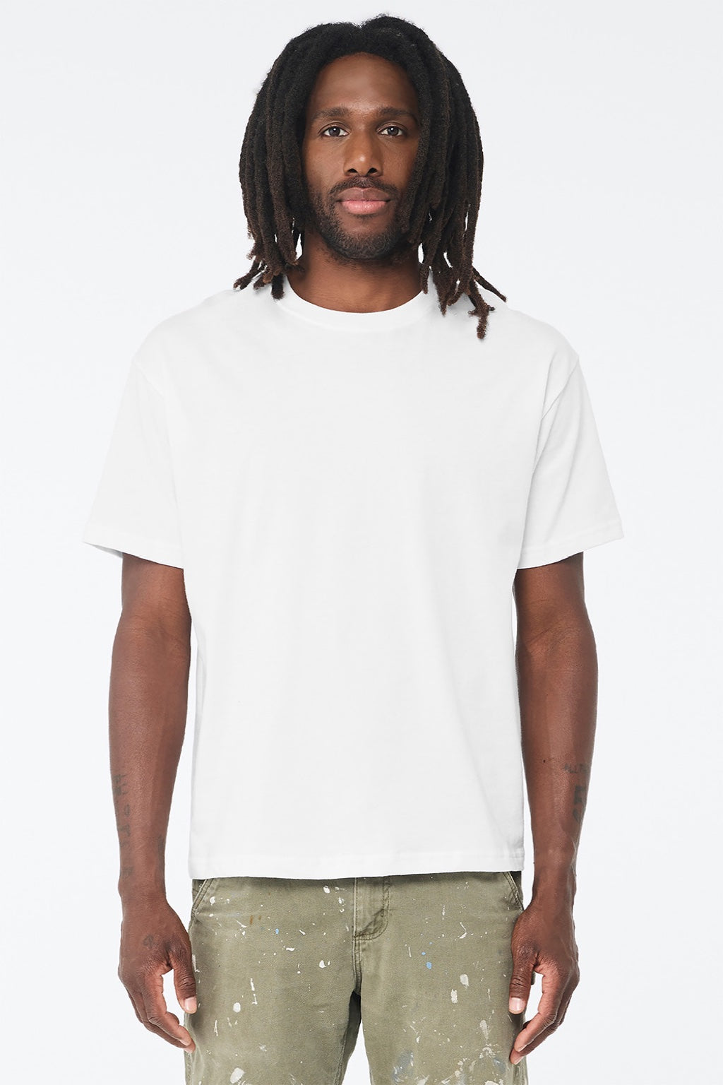 Bella + Canvas BC3010 Mens Short Sleeve Crewneck T-Shirt White Model Front