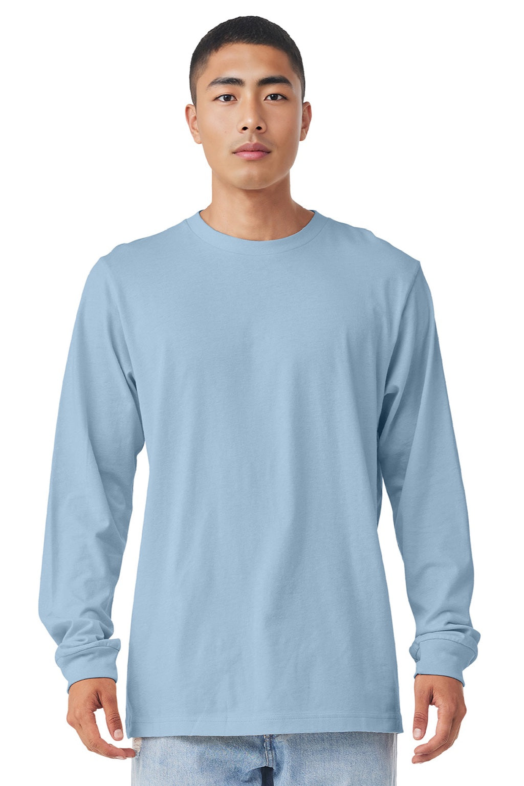 Bella + Canvas BC3501/3501 Mens Jersey Long Sleeve Crewneck T-Shirt Baby Blue Model Front