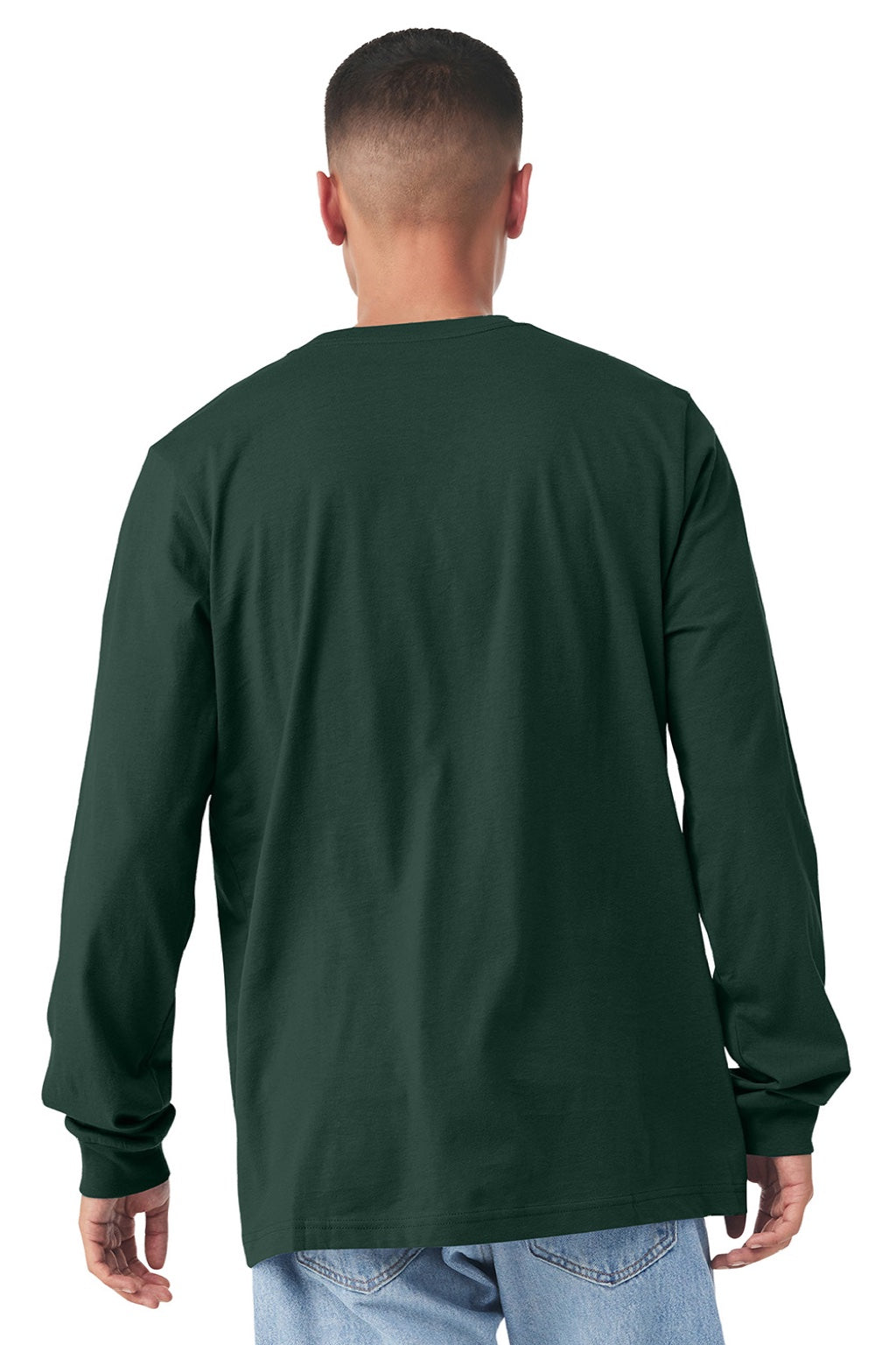 Bella + Canvas BC3501/3501 Mens Jersey Long Sleeve Crewneck T-Shirt Forest Green Model Back