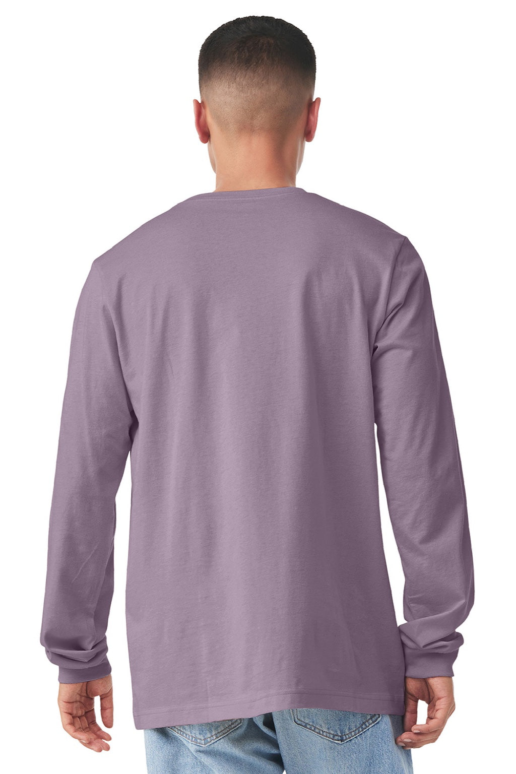 Bella + Canvas BC3501/3501 Mens Jersey Long Sleeve Crewneck T-Shirt Light Violet Purple Model Back