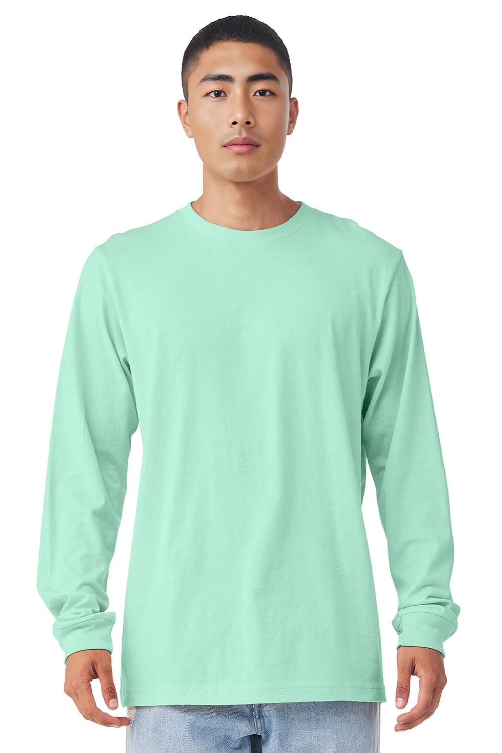 Bella + Canvas BC3501/3501 Mens Jersey Long Sleeve Crewneck T-Shirt Mint Green Model Front
