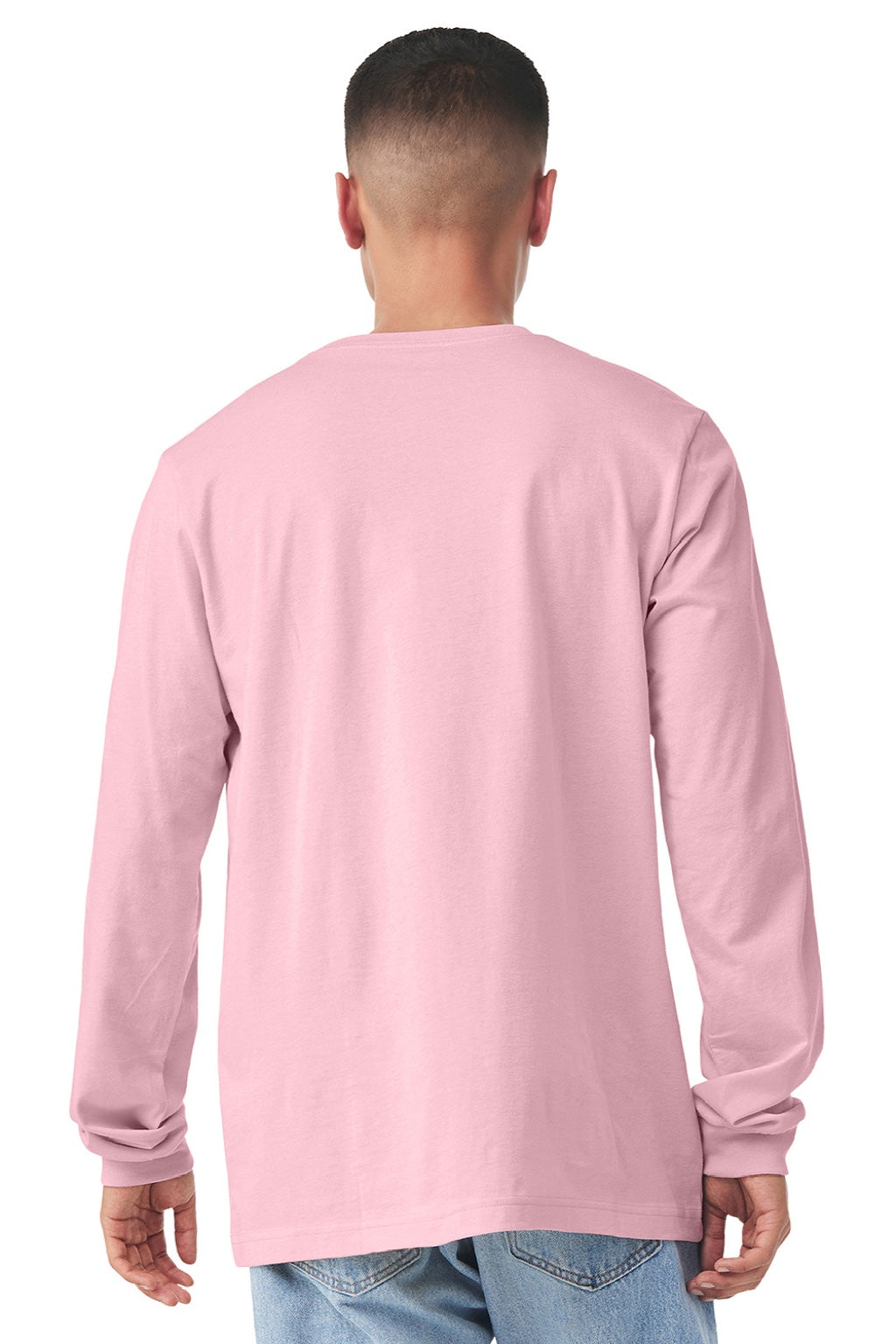 Bella + Canvas BC3501/3501 Mens Jersey Long Sleeve Crewneck T-Shirt Pink Model Back
