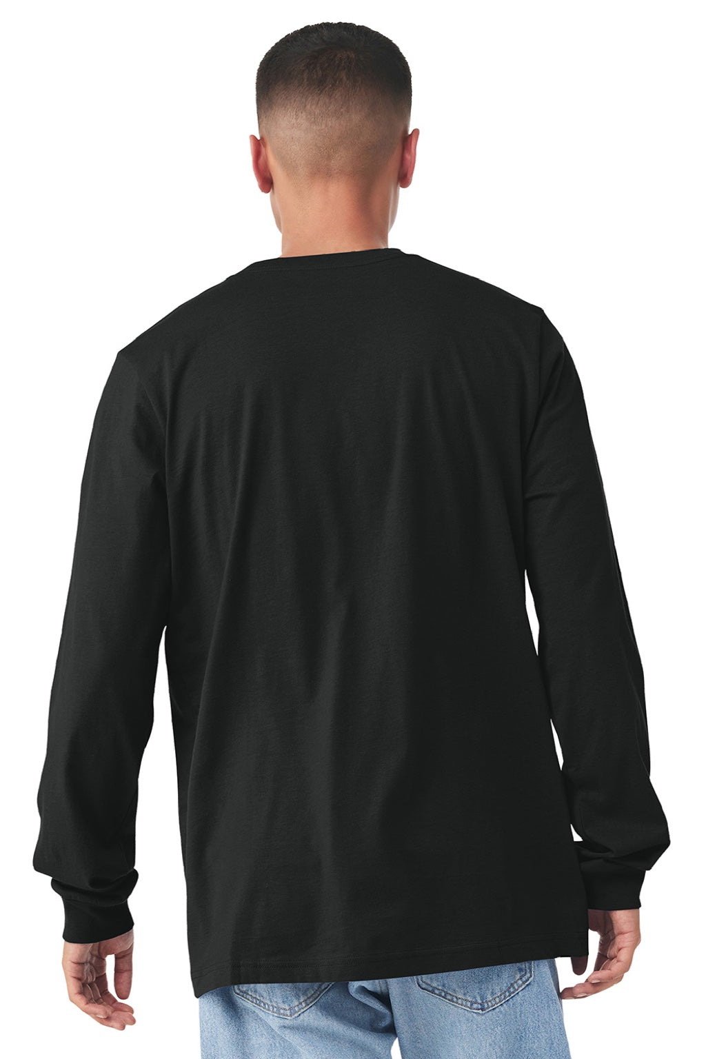 Bella + Canvas BC3501/3501 Mens Jersey Long Sleeve Crewneck T-Shirt Vintage Black Model Back