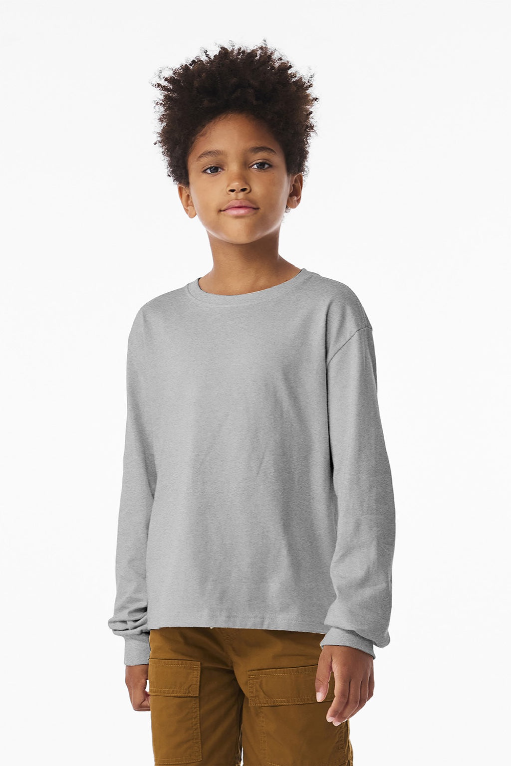 Bella + Canvas BC3511Y Youth Long Sleeve Crewneck T-Shirt Heather Grey Model Front