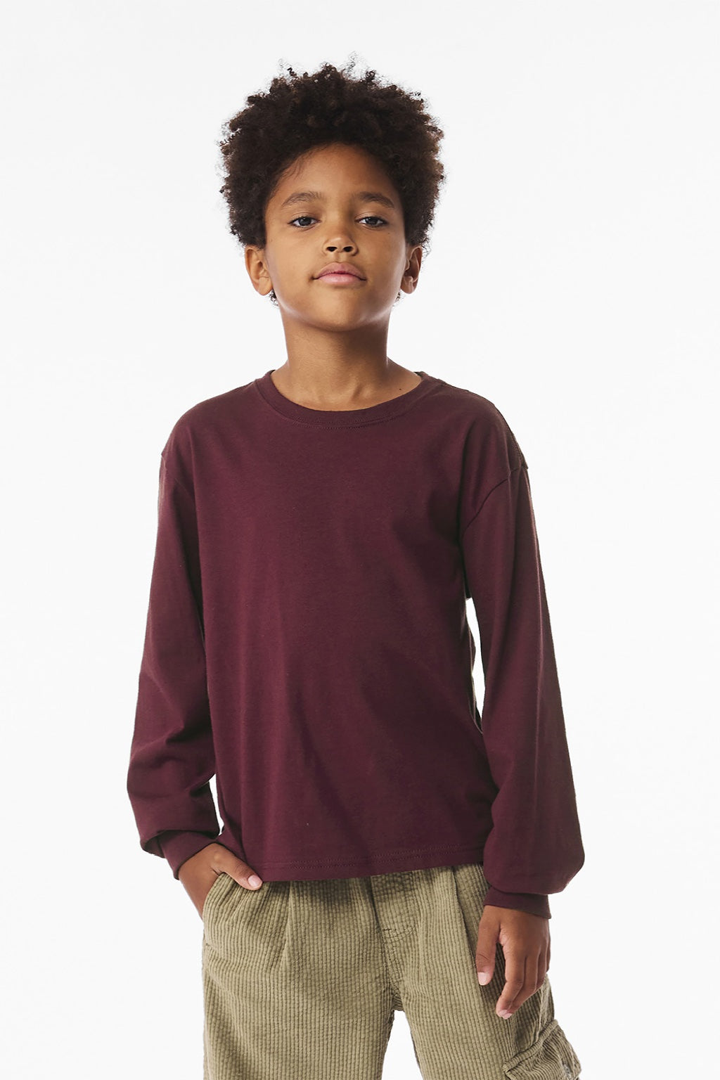Bella + Canvas BC3511Y Youth Long Sleeve Crewneck T-Shirt Maroon Model Front