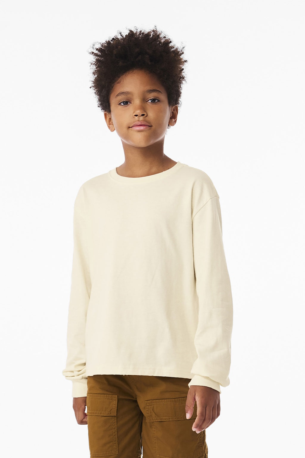 Bella + Canvas BC3511Y Youth Long Sleeve Crewneck T-Shirt Natural Model Front