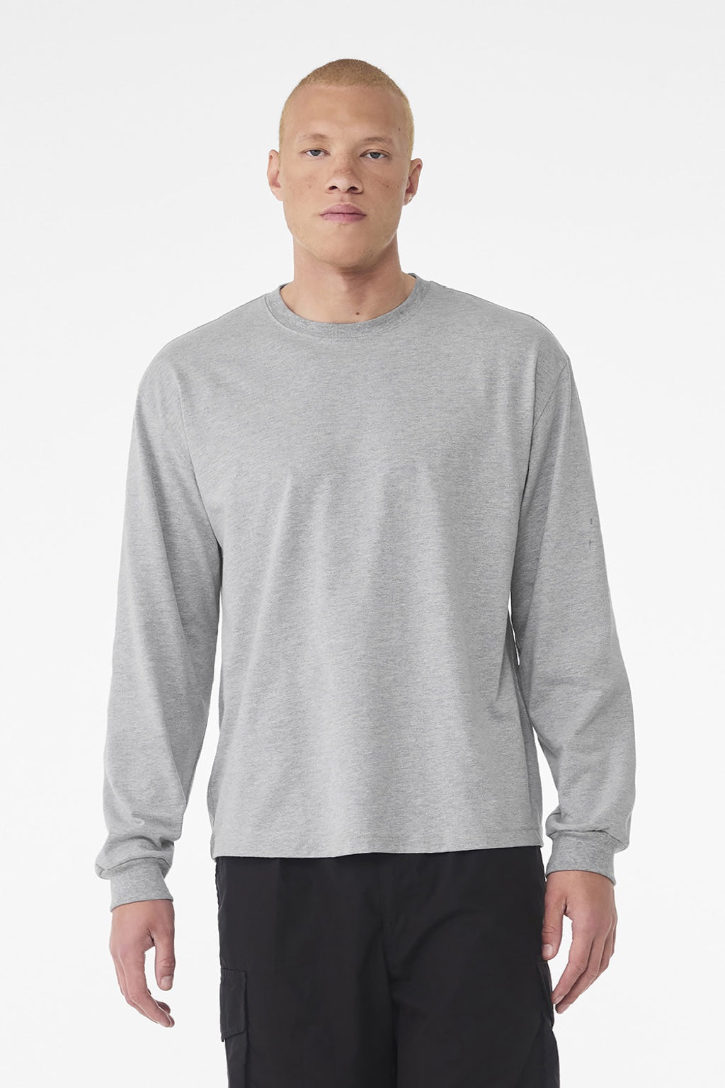 Bella + Canvas BC3511 Mens Long Sleeve Crewneck T-Shirt Heather Grey Model Front