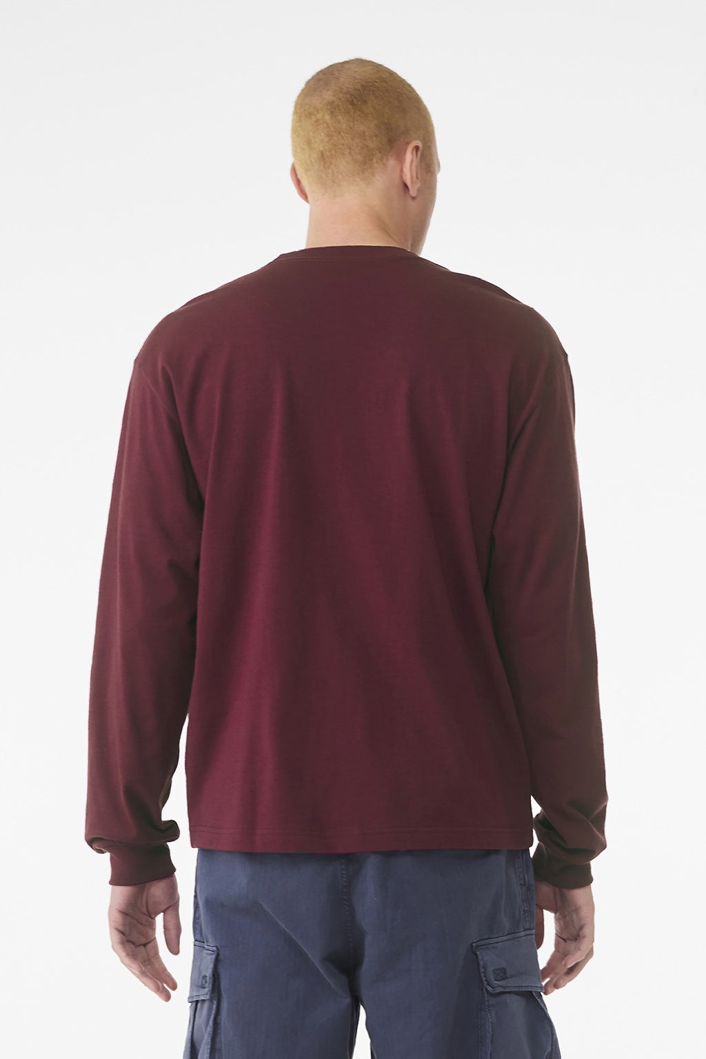 Bella + Canvas BC3511 Mens Long Sleeve Crewneck T-Shirt Maroon Model Back