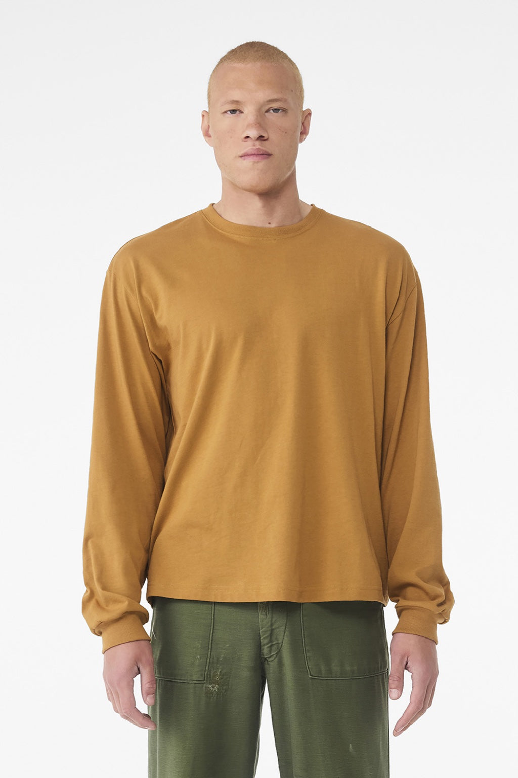 Bella + Canvas BC3511 Mens Long Sleeve Crewneck T-Shirt Toast Model Front