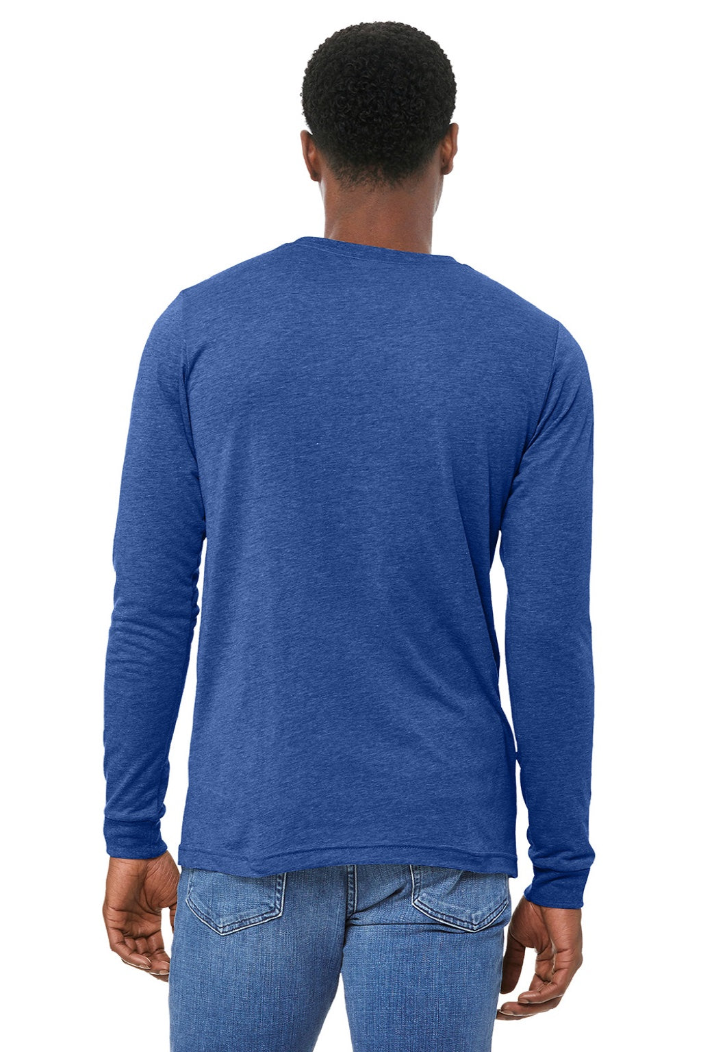 Bella + Canvas BC3513/3513 Mens Jersey Long Sleeve Crewneck T-Shirt Blue Model Back