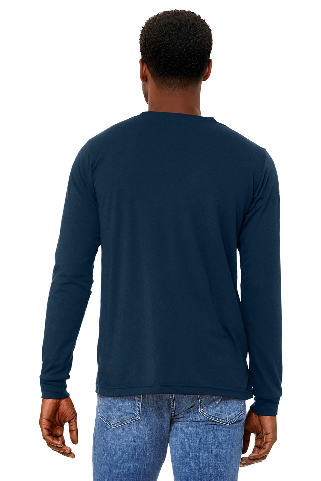 Bella + Canvas BC3513/3513 Mens Jersey Long Sleeve Crewneck T-Shirt Solid Navy Blue Model Back