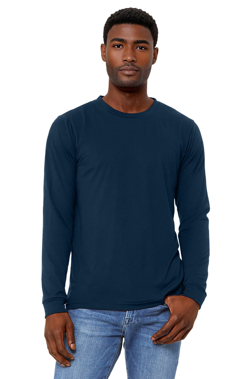 Bella + Canvas BC3513/3513 Mens Jersey Long Sleeve Crewneck T-Shirt Solid Navy Blue Model Front