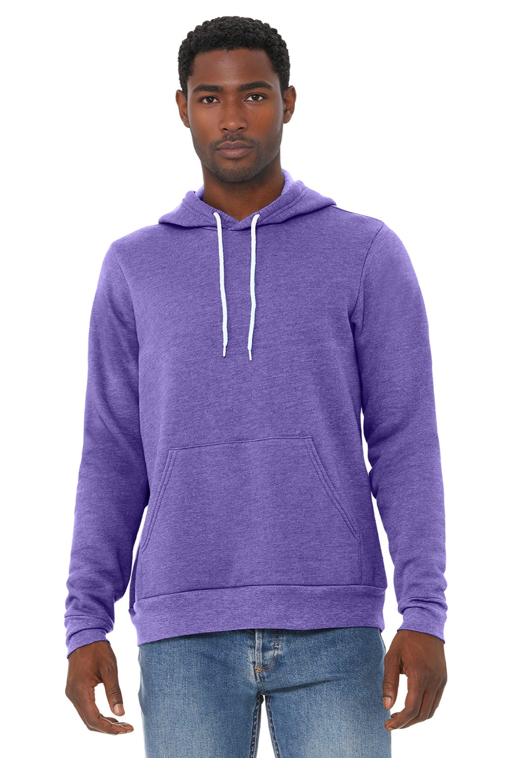 Bella + Canvas BC3719/3719 Mens Sponge Fleece Hooded Sweatshirt Hoodie w/ Pouch Pocket Heather Team Purple Model Front