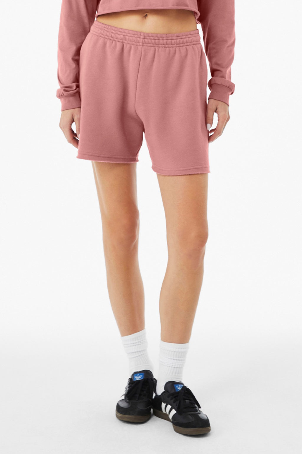 Bella + Canvas BC3787 Womens Cutoff Sweatshorts w/ Pockets Mauve Model Front