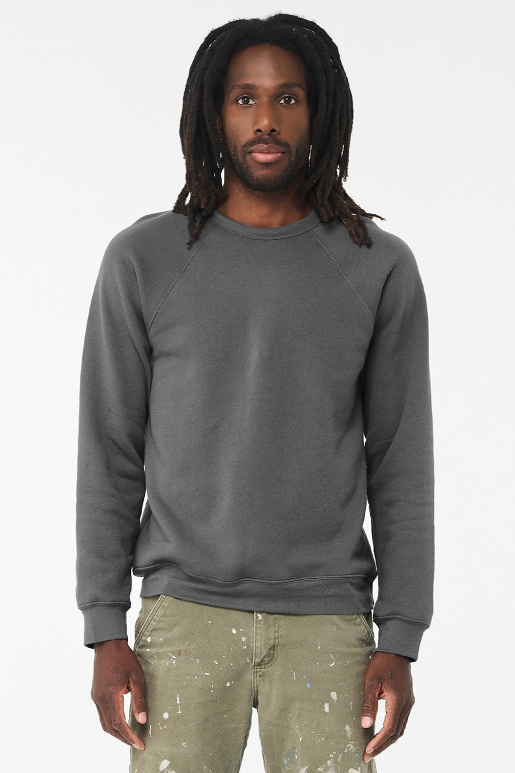 Bella + Canvas BC3901/3901 Mens Sponge Fleece Crewneck Sweatshirt Asphalt Grey Model Front