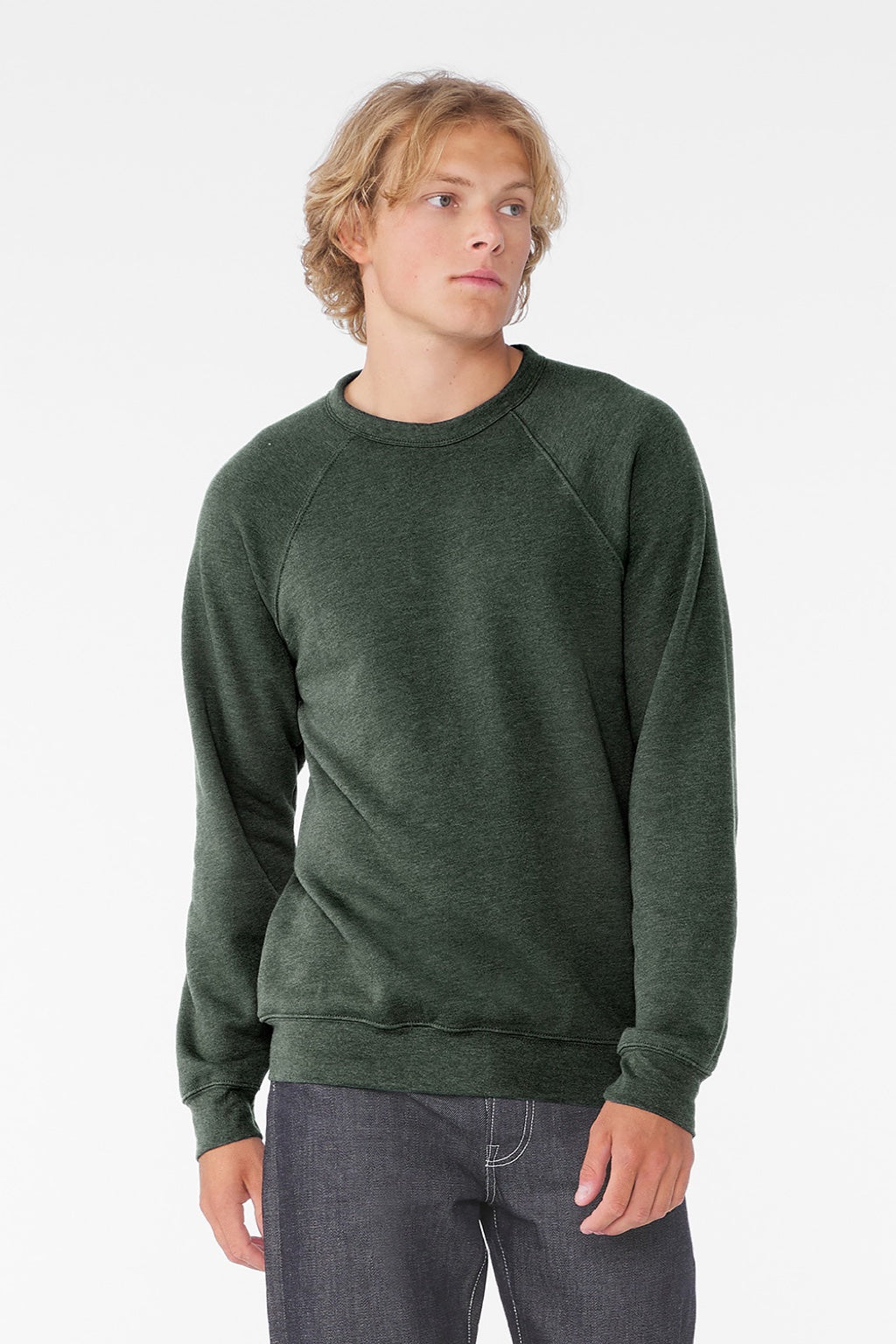 Bella + Canvas BC3901/3901 Mens Sponge Fleece Crewneck Sweatshirt Heather Forest Green Model Front