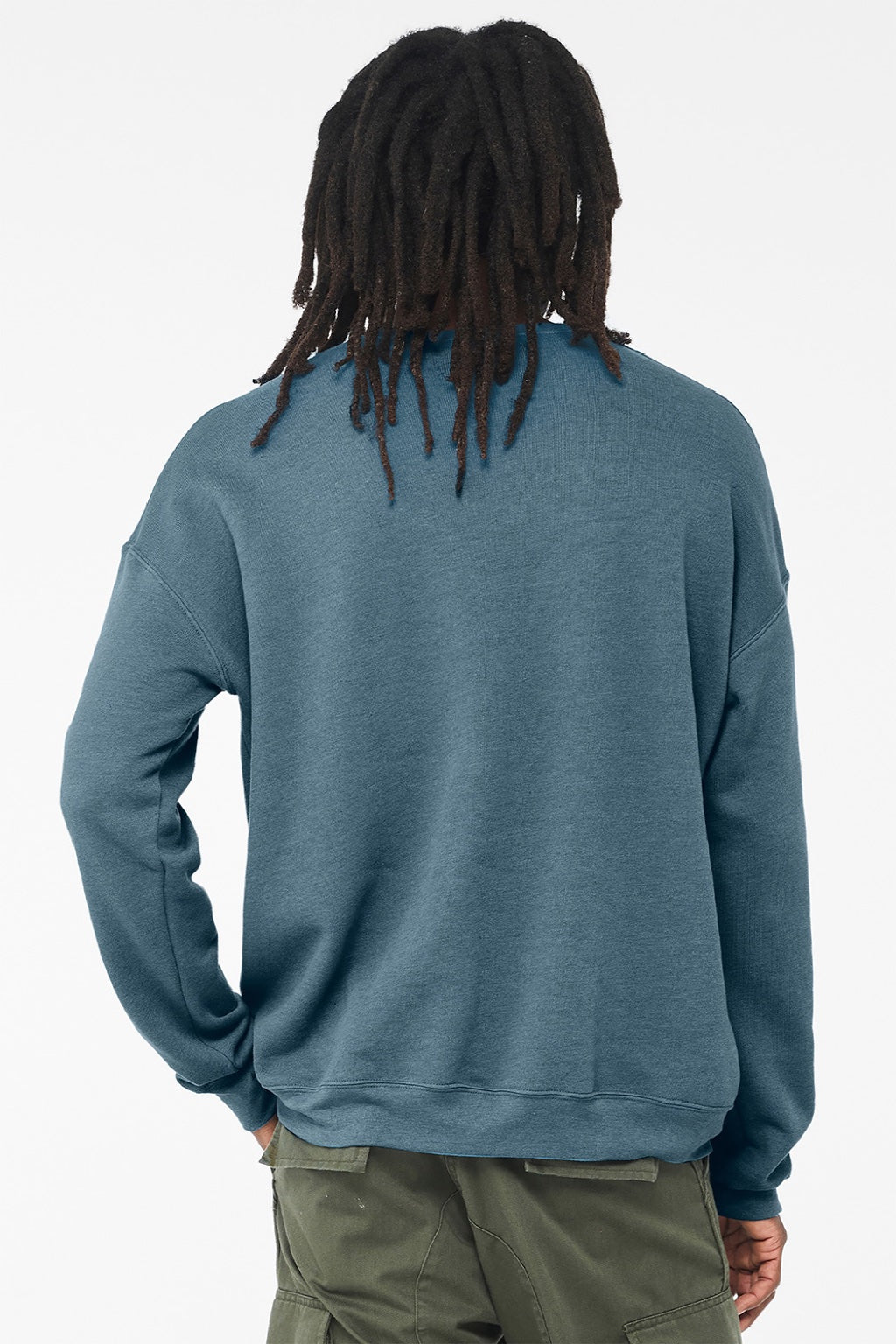Bella + Canvas BC3945/3945 Mens Fleece Crewneck Sweatshirt Heather Deep Teal Blue Model Back
