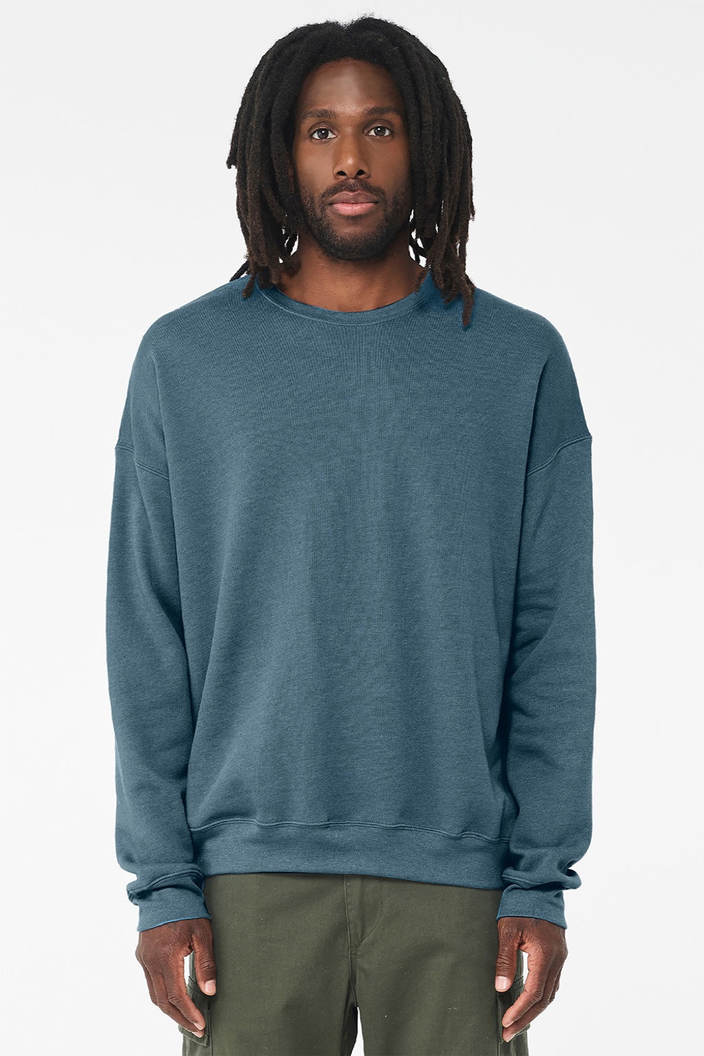 Bella + Canvas BC3945/3945 Mens Fleece Crewneck Sweatshirt Heather Deep Teal Blue Model Front