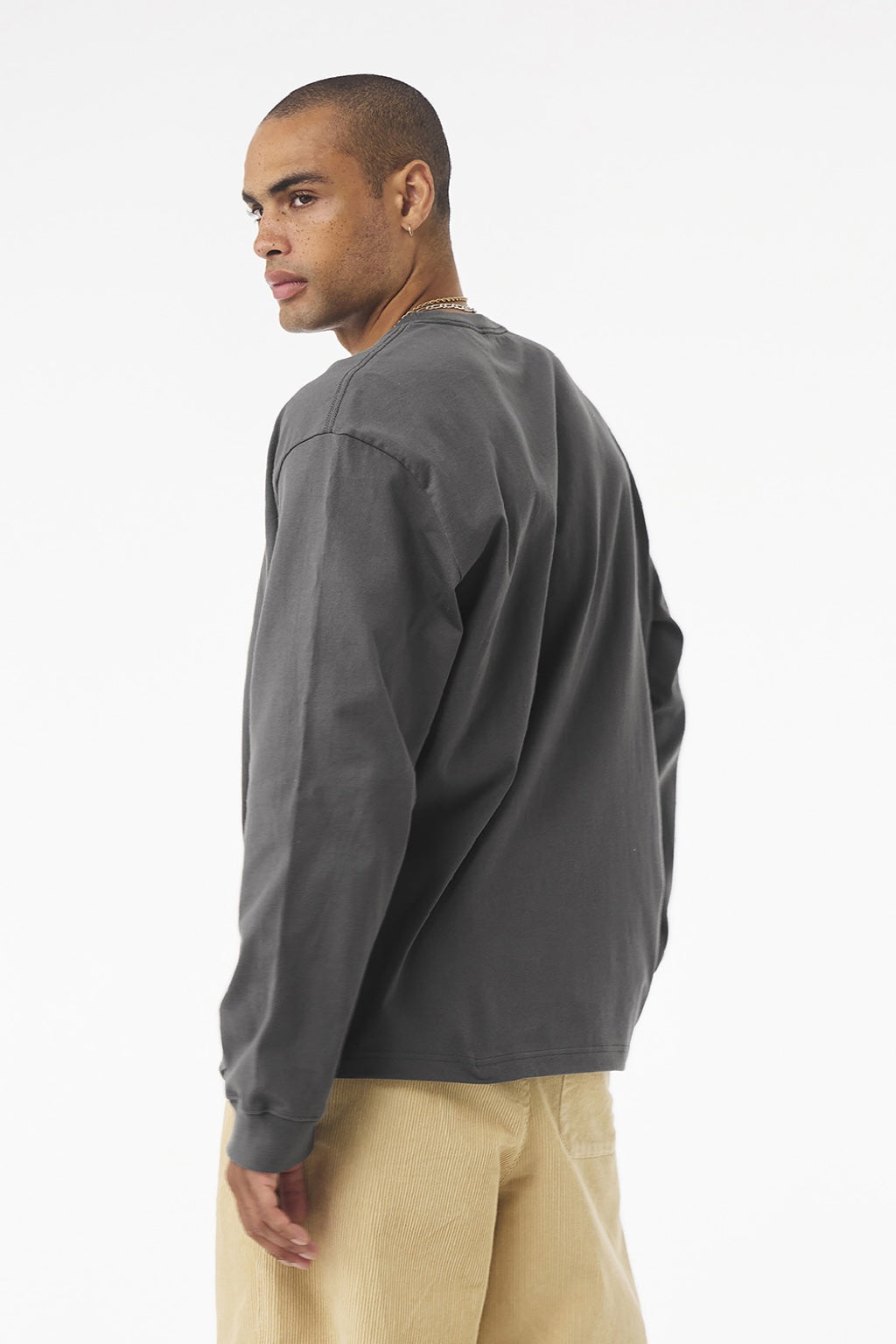 Bella + Canvas BC4651 Mens Long Sleeve Crewneck T-Shirt Asphalt Grey Model Back