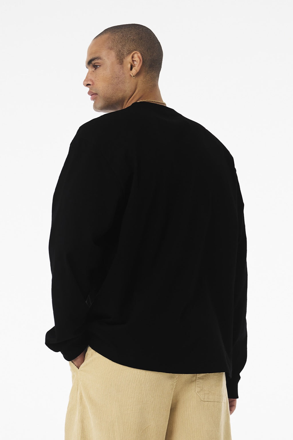 Bella + Canvas BC4651 Mens Long Sleeve Crewneck T-Shirt Black Model Back