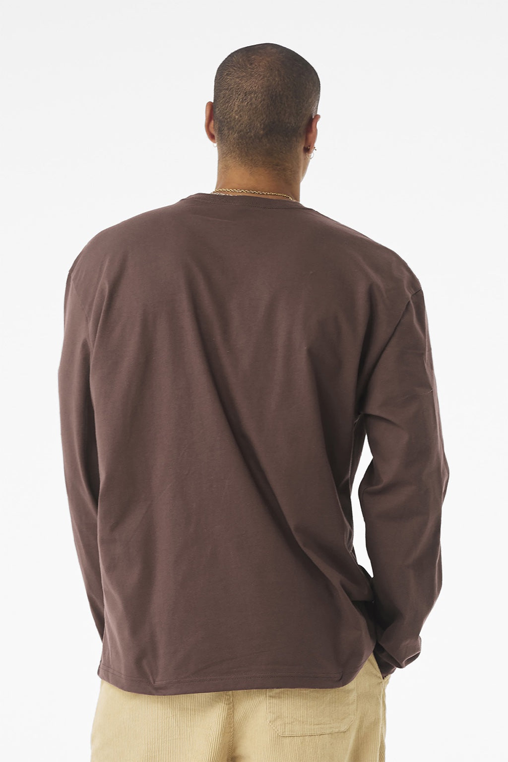 Bella + Canvas BC4651 Mens Long Sleeve Crewneck T-Shirt Cocoa Brown Model Back