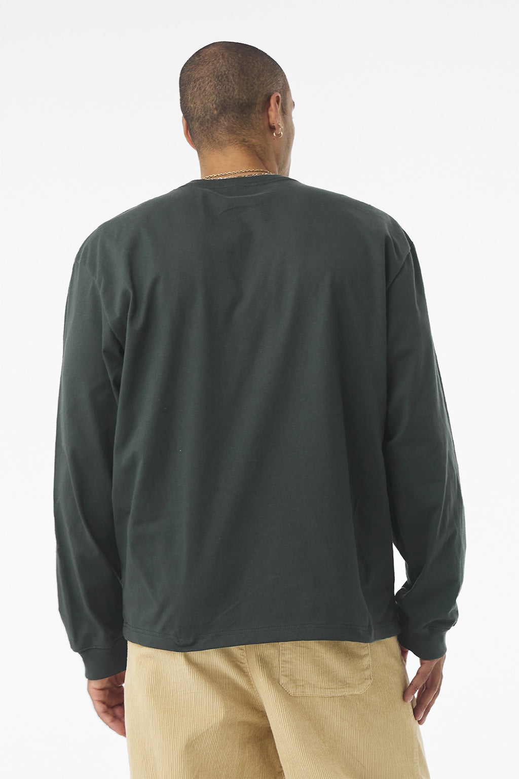 Bella + Canvas BC4651 Mens Long Sleeve Crewneck T-Shirt Huntre Green Model Back