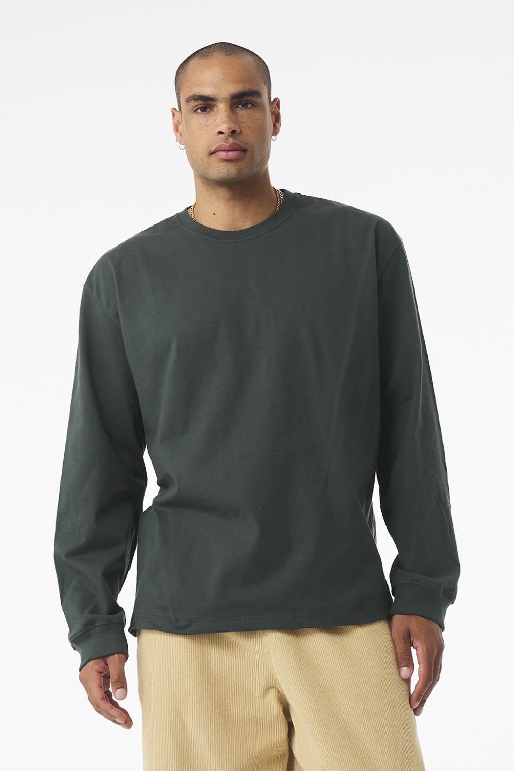 Bella + Canvas BC4651 Mens Long Sleeve Crewneck T-Shirt Huntre Green Model Front