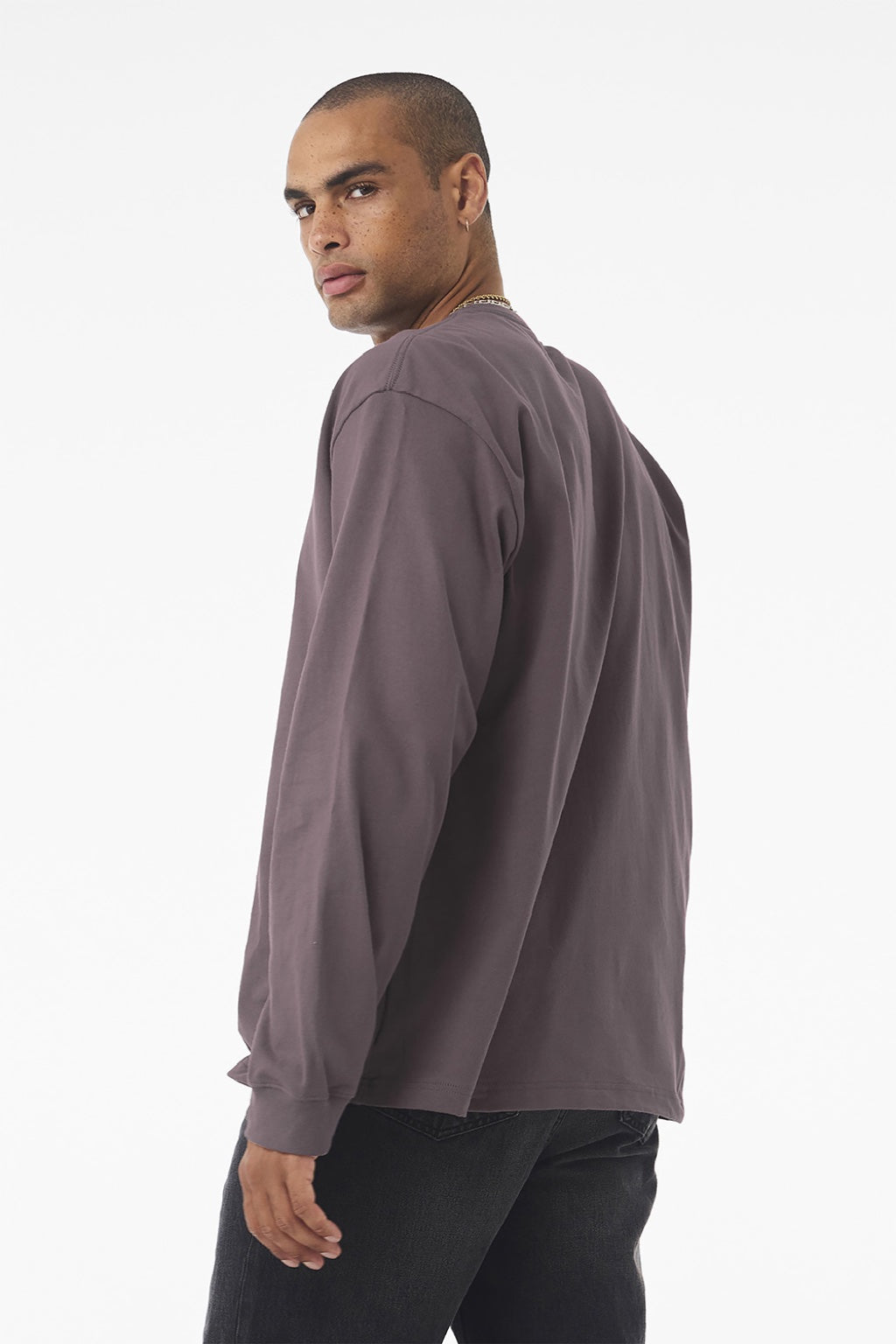 Bella + Canvas BC4651 Mens Long Sleeve Crewneck T-Shirt Storm Purple Model Back