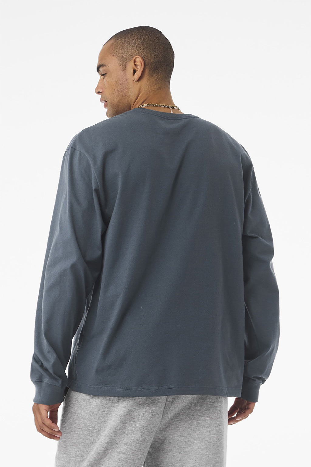 Bella + Canvas BC4651 Mens Long Sleeve Crewneck T-Shirt Vintage Navy Blue Model Back