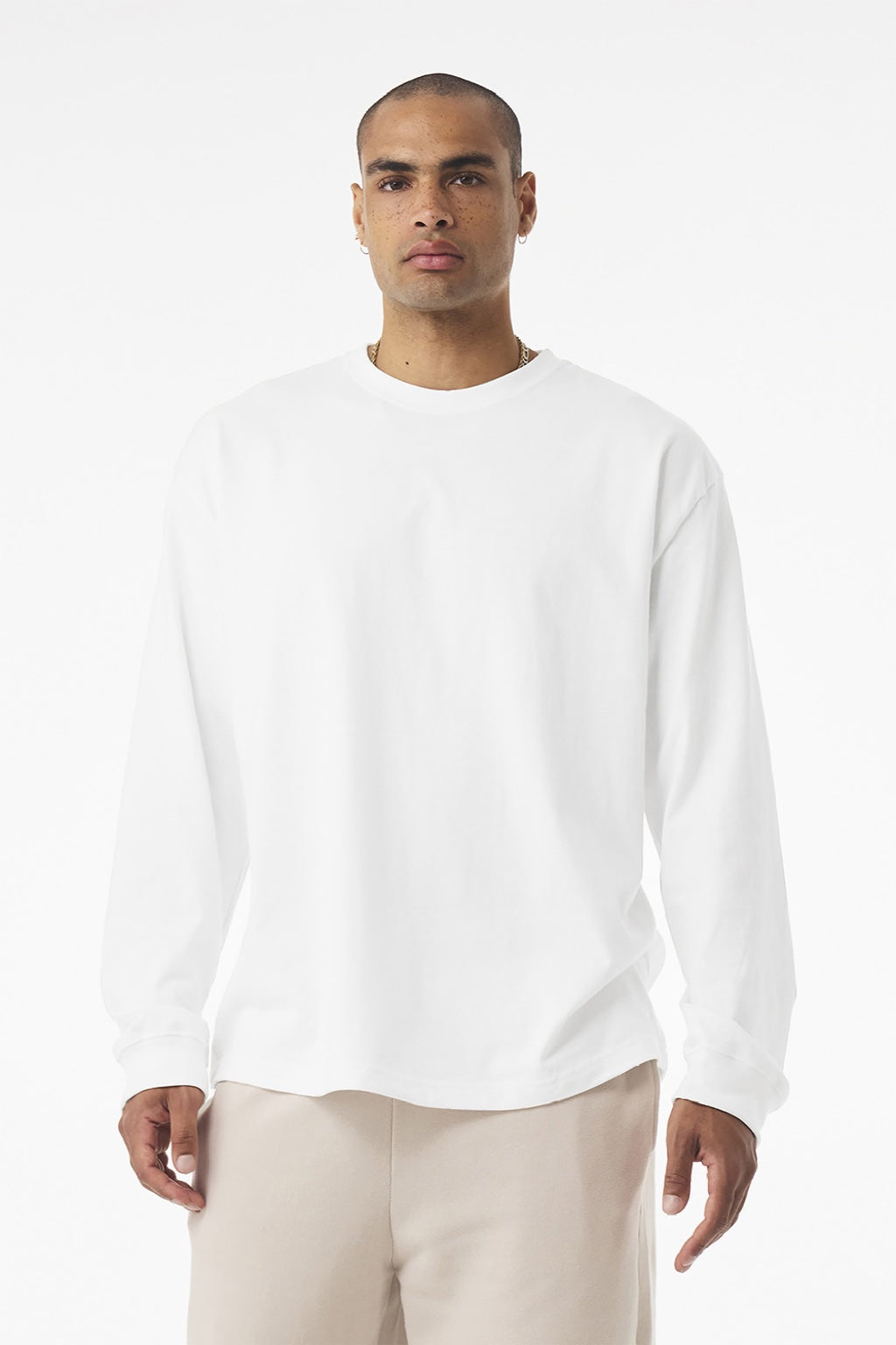 Bella + Canvas BC4651 Mens Long Sleeve Crewneck T-Shirt White Model Front