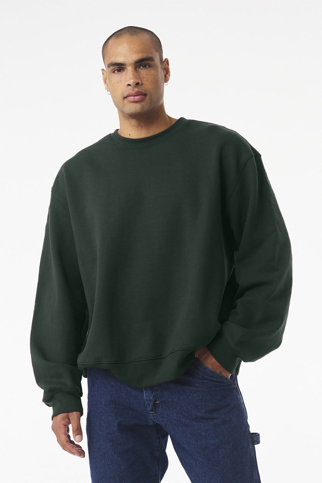 Bella + Canvas BC4711 Mens Crewneck Sweatshirt Forest Green Model Front