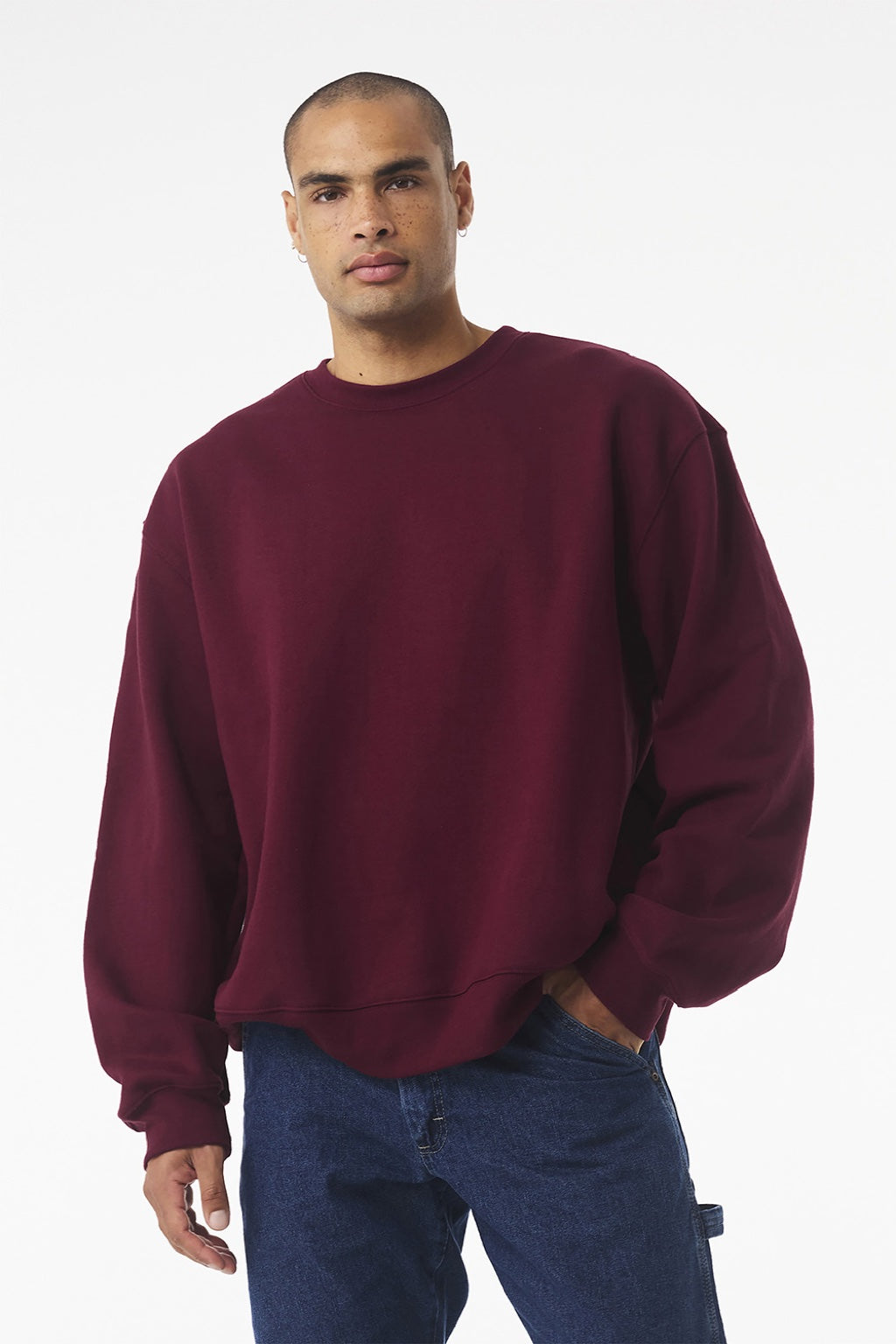 Bella + Canvas BC4711 Mens Crewneck Sweatshirt Maroon Model Front