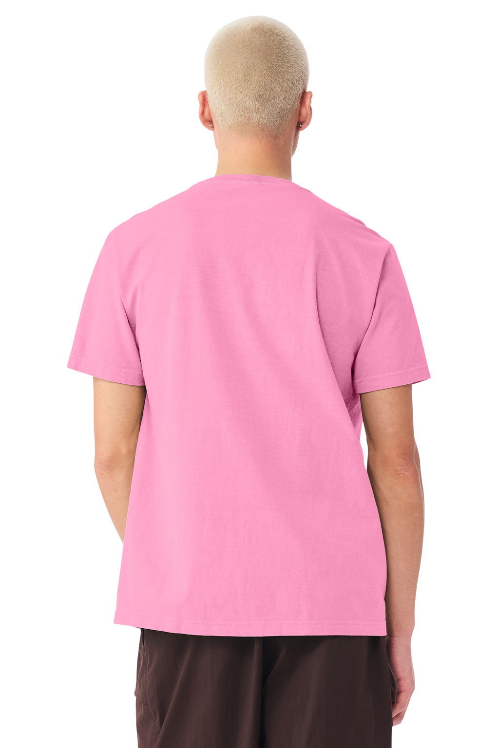 Bella + Canvas BC4810GD Mens Garment Dyed Short Sleeve Crewneck T-Shirt Bubble Gum Pink Model Back