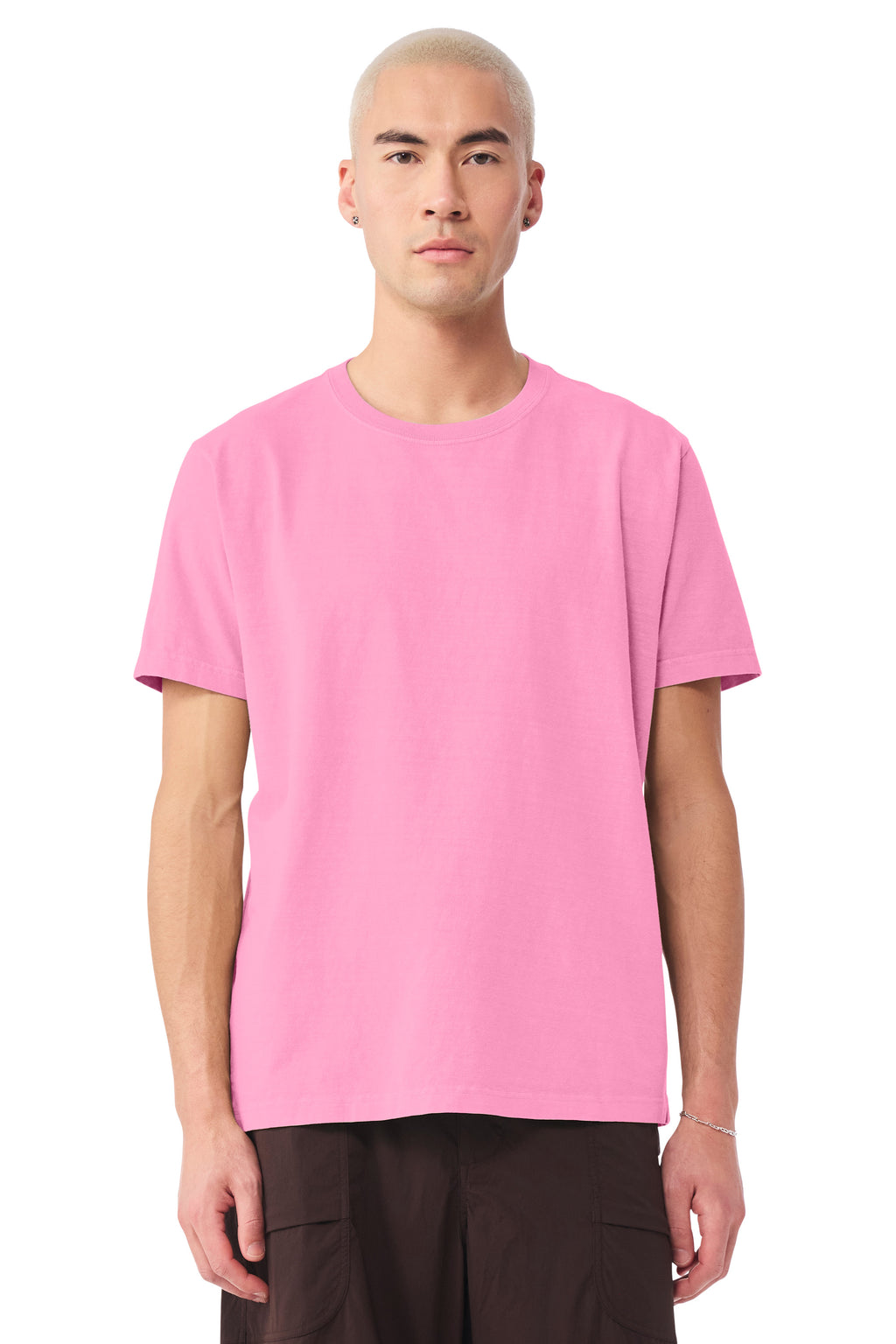 Bella + Canvas BC4810GD Mens Garment Dyed Short Sleeve Crewneck T-Shirt Bubble Gum Pink Model Front