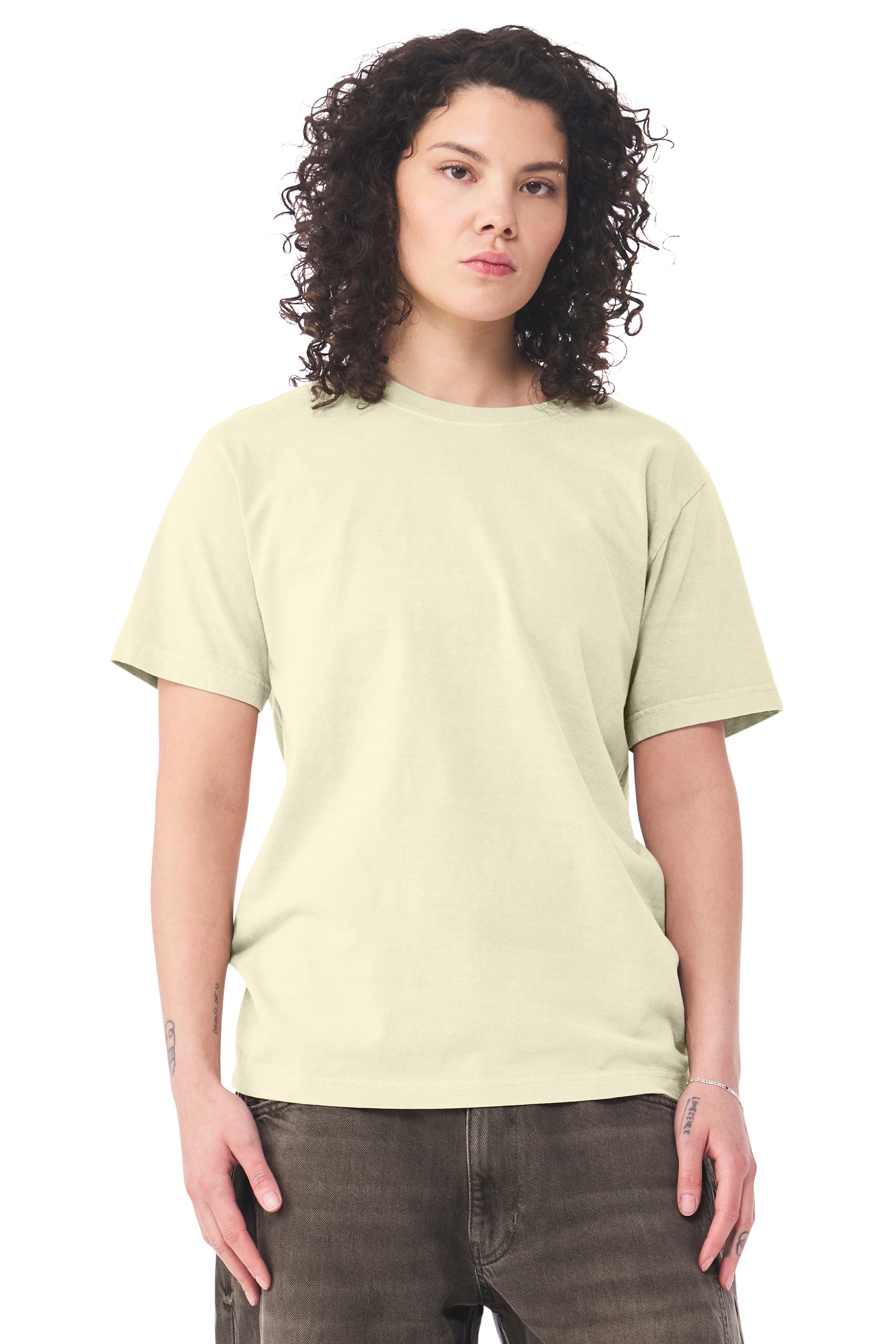 Bella + Canvas BC4810GD Mens Garment Dyed Short Sleeve Crewneck T-Shirt Buttermilk White Model Side
