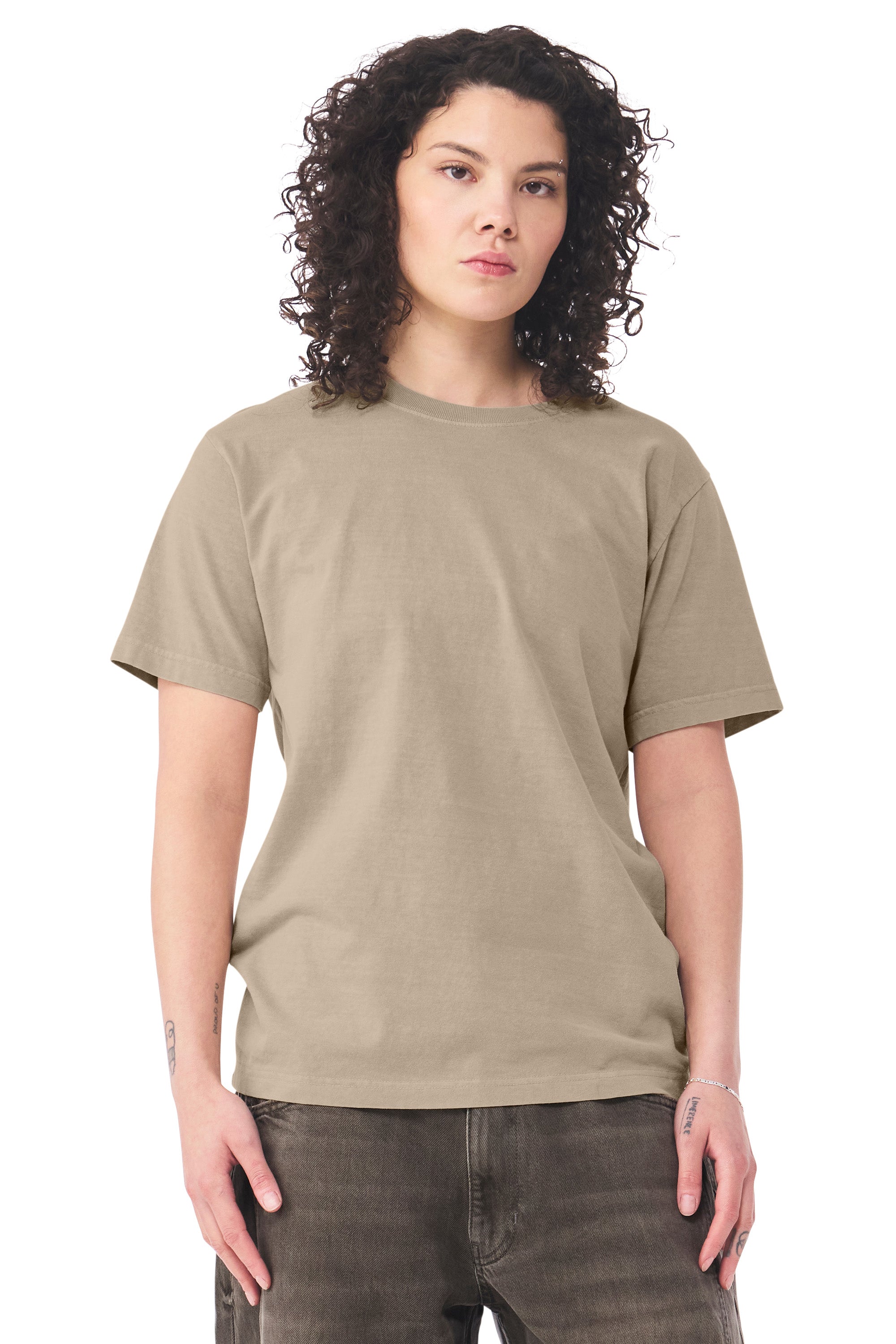 Bella + Canvas BC4810GD Mens Garment Dyed Short Sleeve Crewneck T-Shirt Khaki Brown Model Side
