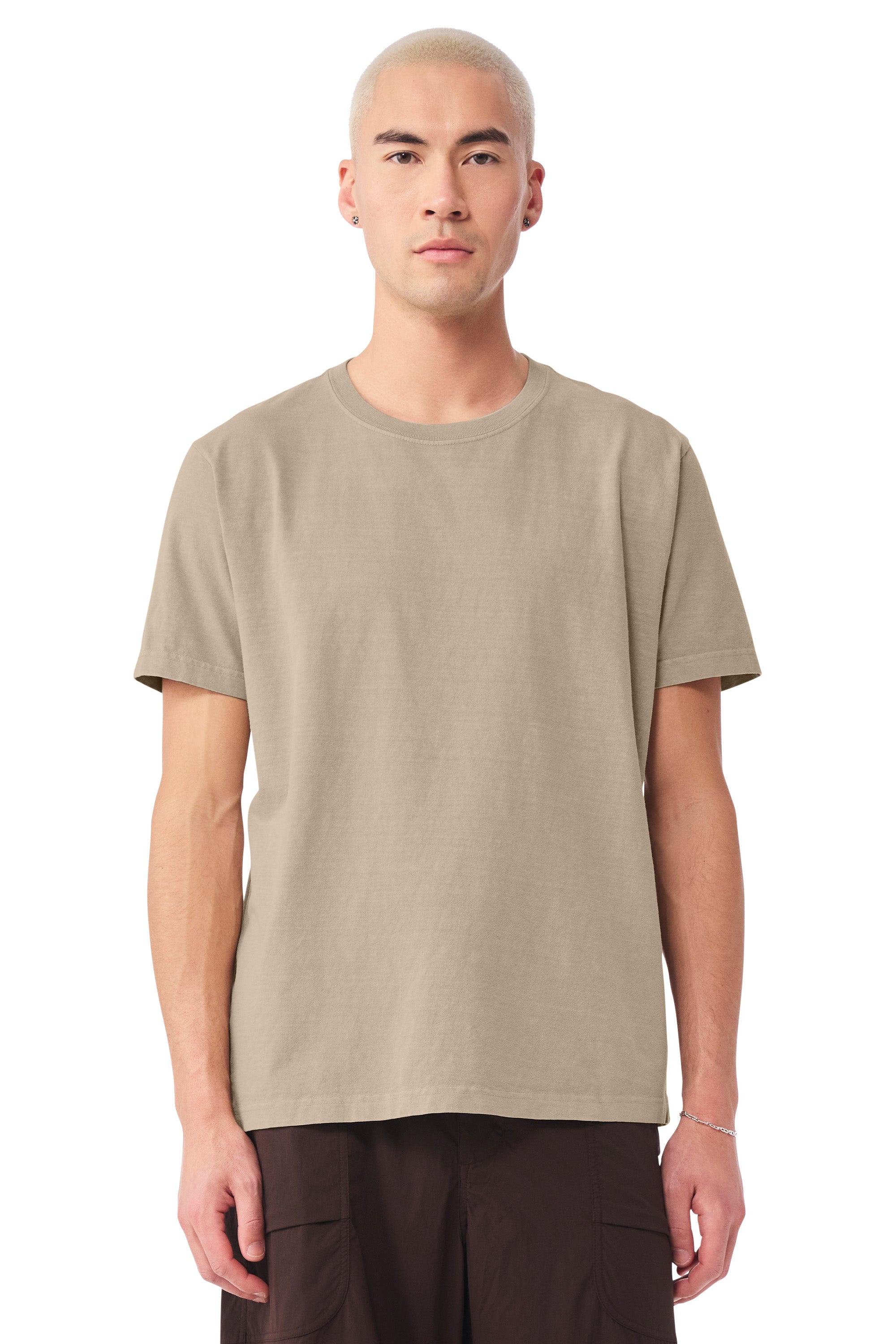 Bella + Canvas BC4810GD Mens Garment Dyed Short Sleeve Crewneck T-Shirt Khaki Brown Model Front