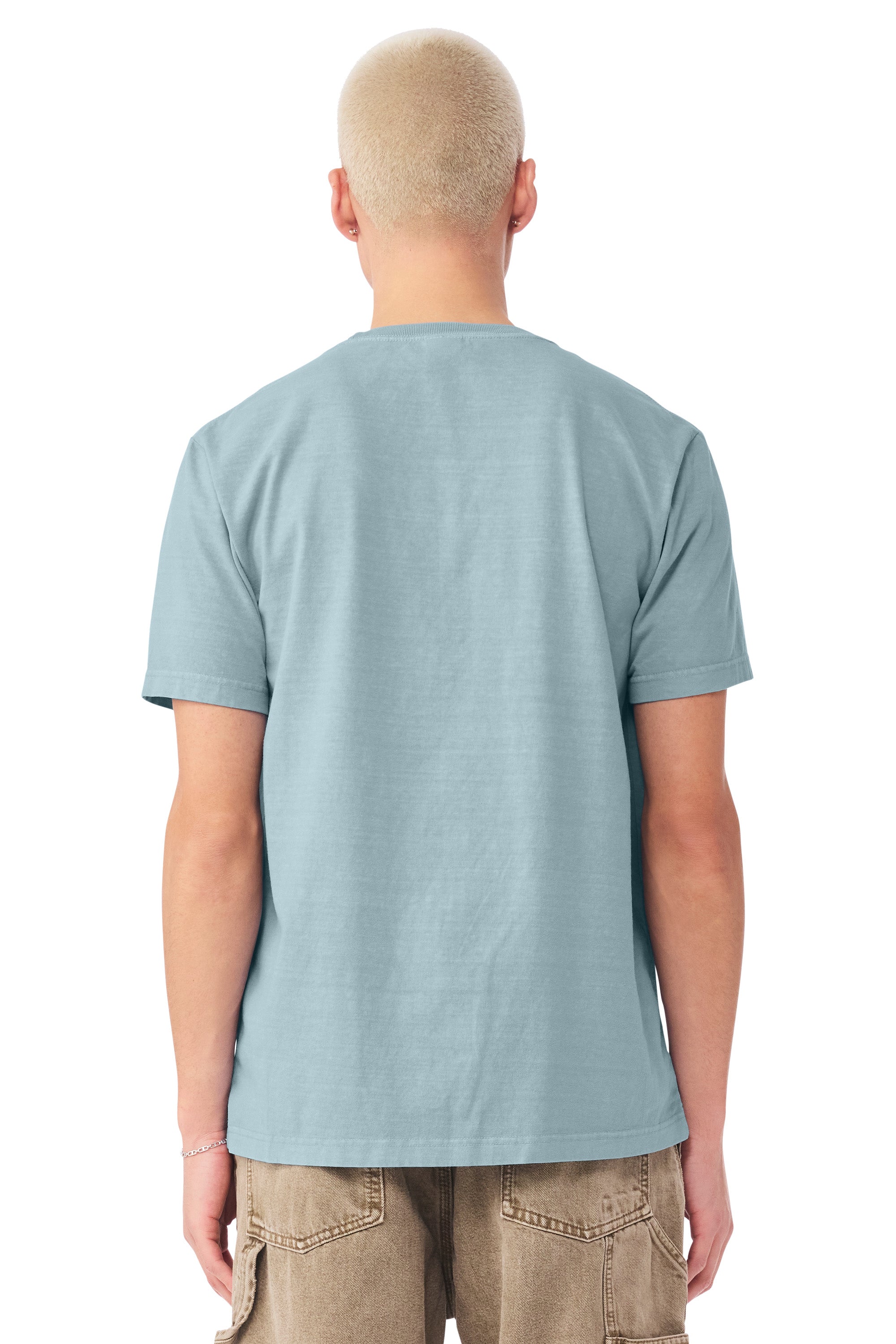 Bella + Canvas BC4810GD Mens Garment Dyed Short Sleeve Crewneck T-Shirt Light Washed Denim Blue Model Back