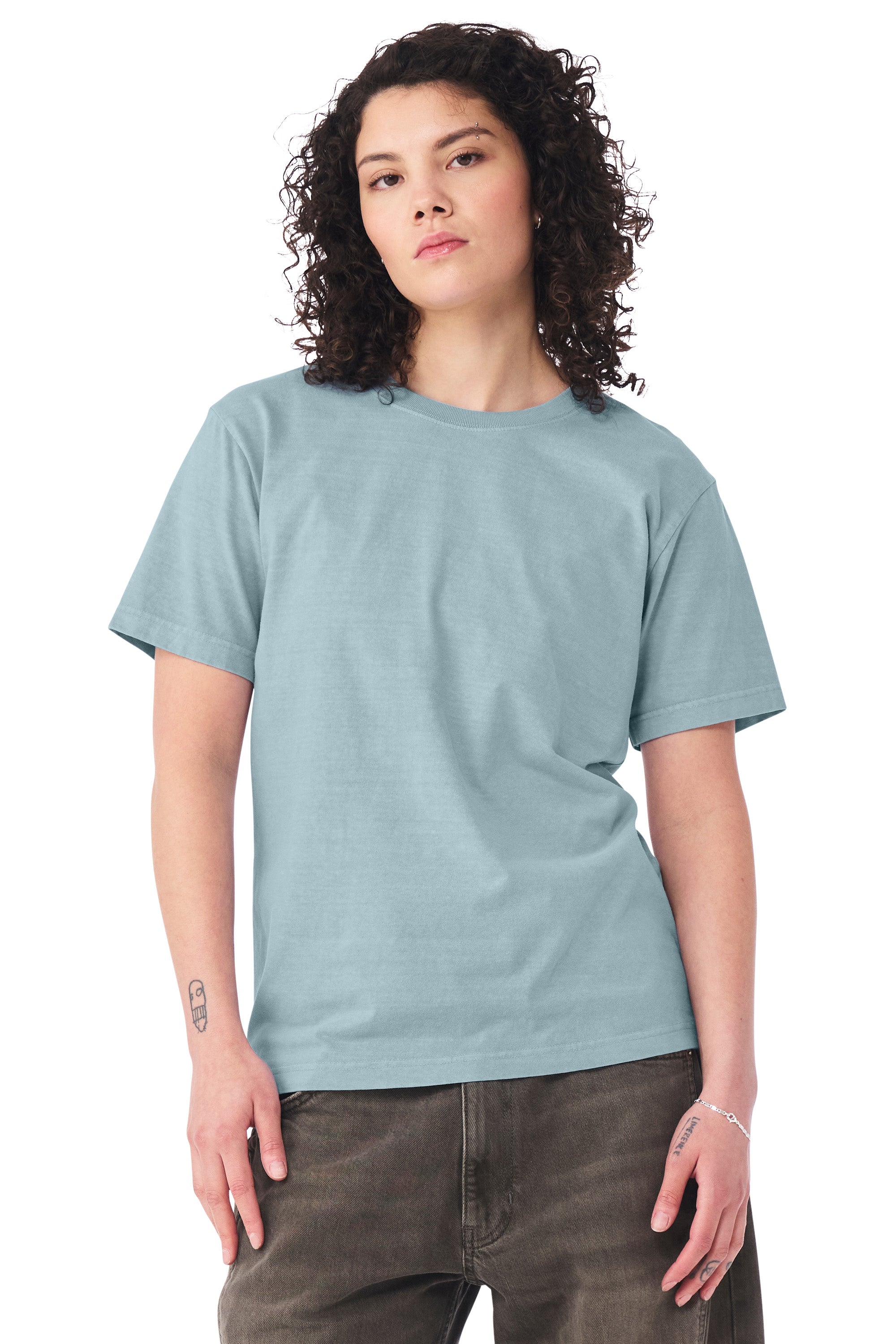 Bella + Canvas BC4810GD Mens Garment Dyed Short Sleeve Crewneck T-Shirt Light Washed Denim Blue Model Side