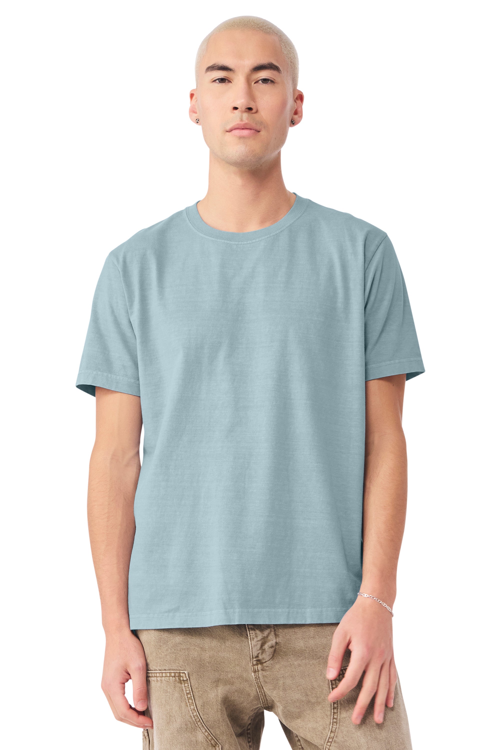Bella + Canvas BC4810GD Mens Garment Dyed Short Sleeve Crewneck T-Shirt Light Washed Denim Blue Model Front